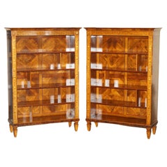 PAIR OF SUBLIME LARGE ViNTAGE ITALIAN MARQUETRY INLAID OPEN LIBRARY BOOKCASES