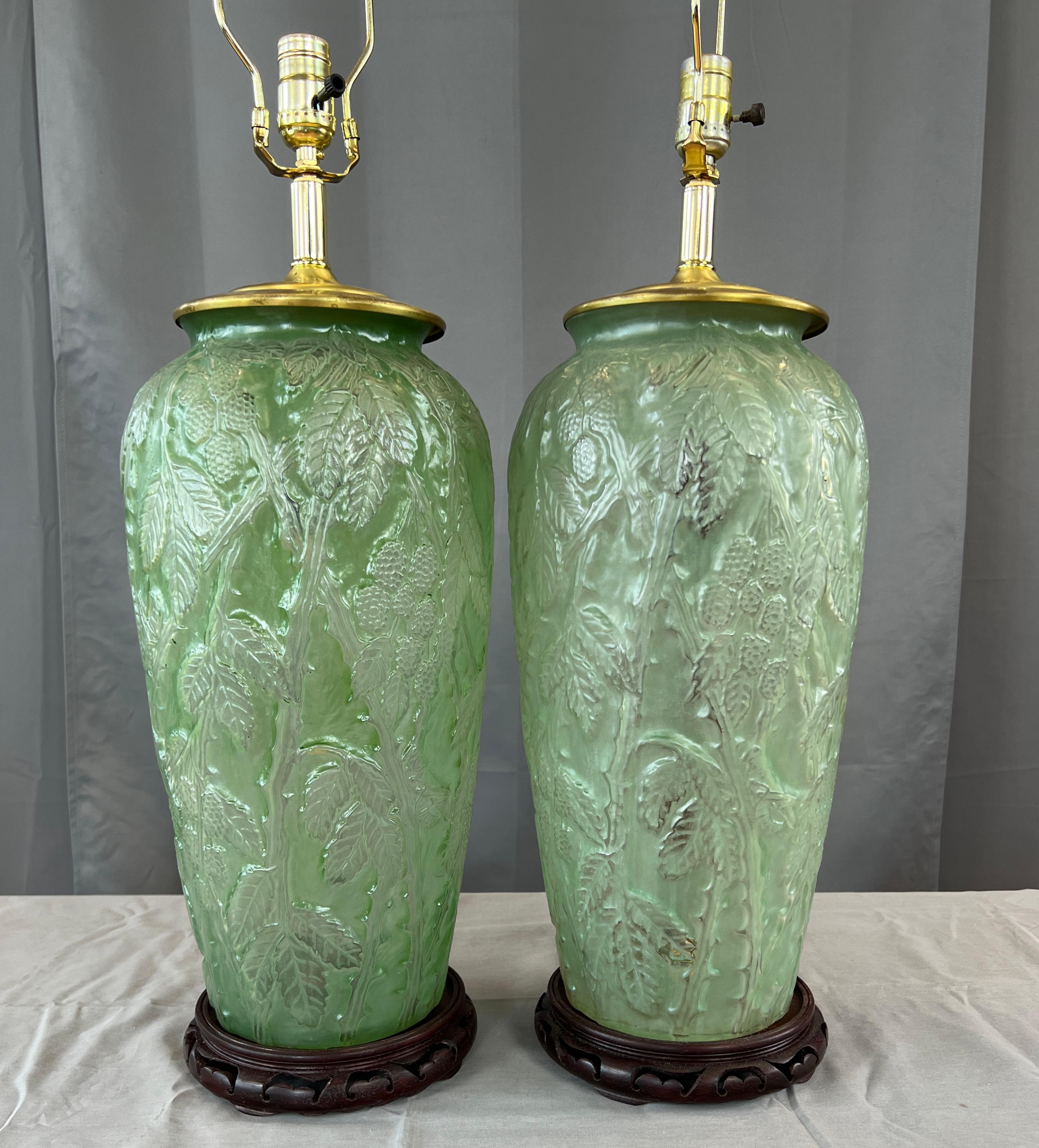 Pair of Substantial Phoenix Consolidated Glass Whitish Green Lamps 11