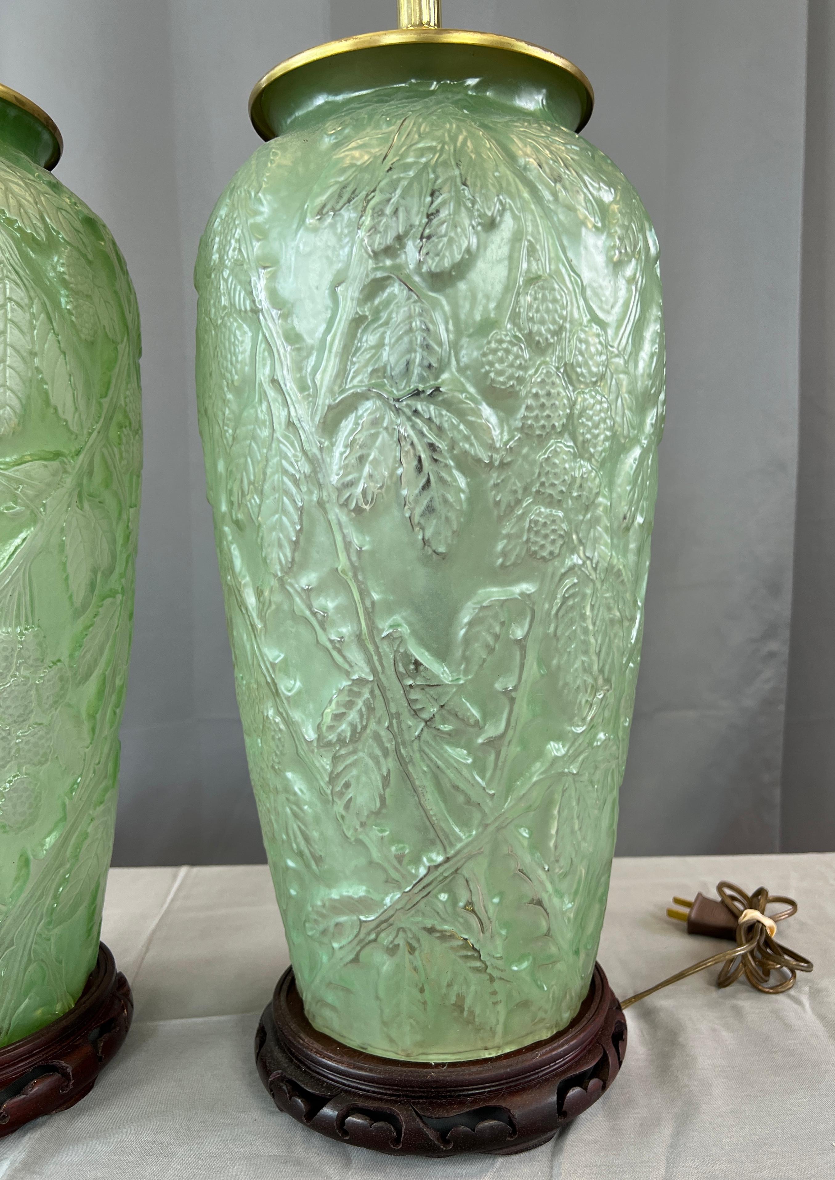 American Pair of Substantial Phoenix Consolidated Glass Whitish Green Lamps