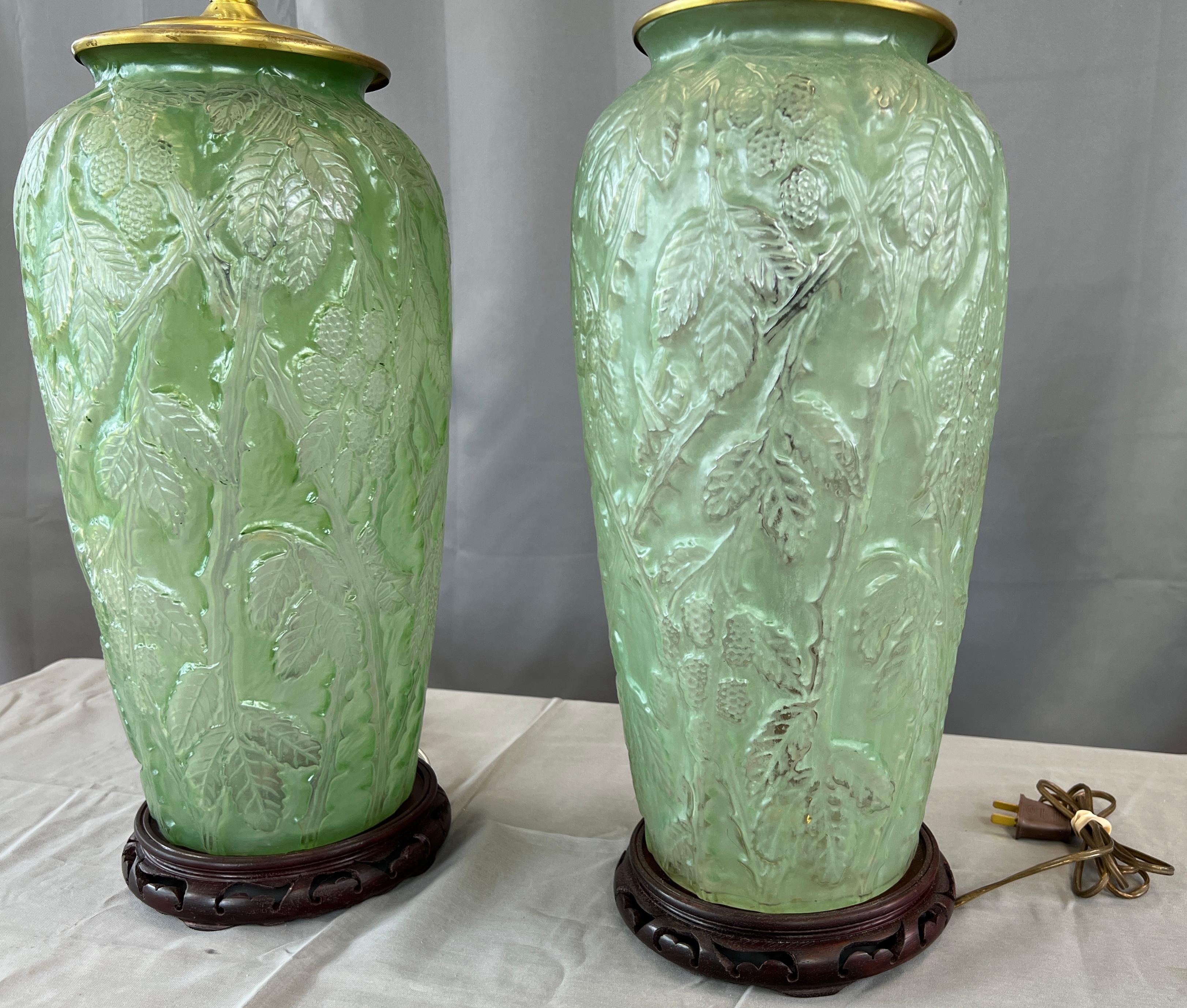 Pair of Substantial Phoenix Consolidated Glass Whitish Green Lamps 1
