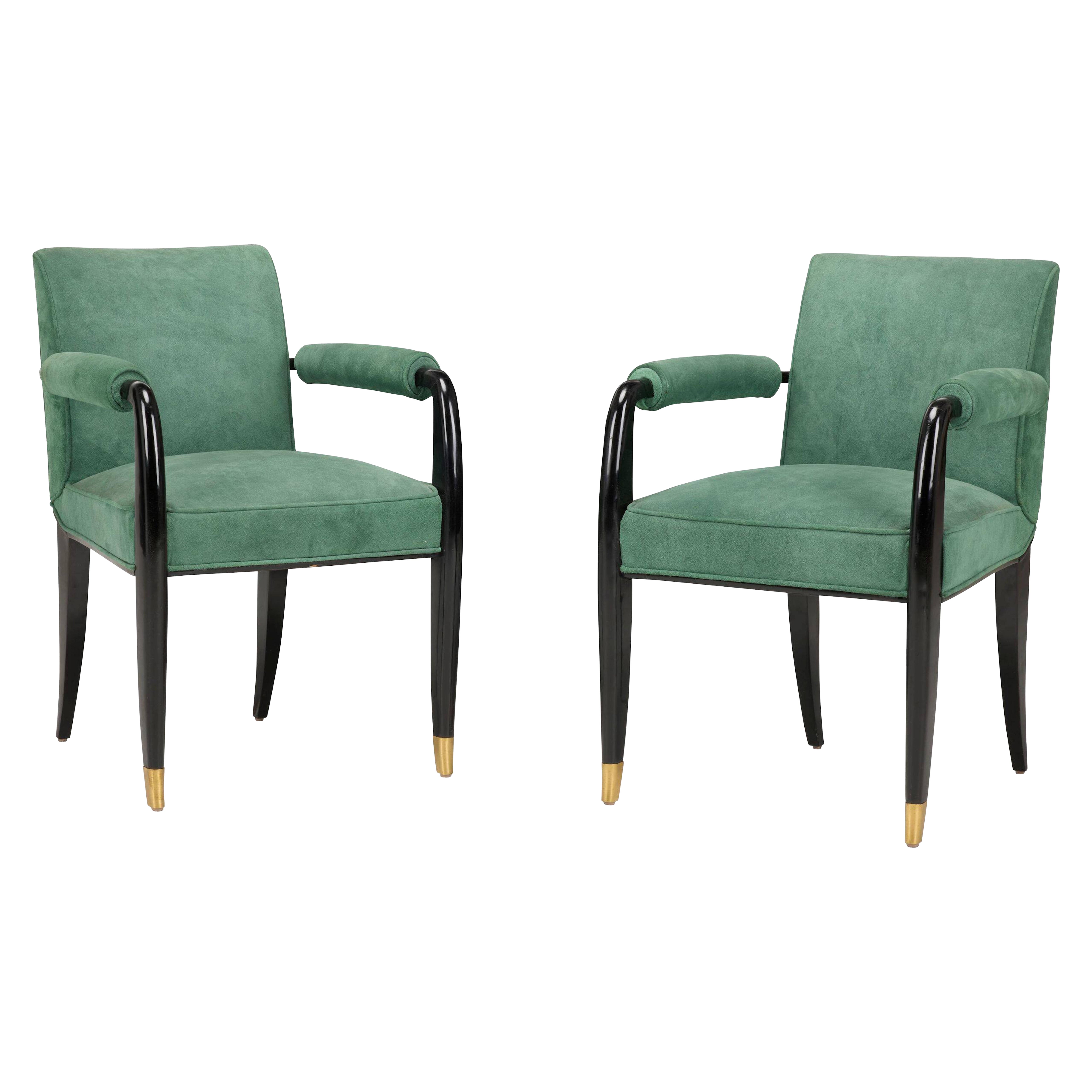 Pair of Suede and Black Lacquered Armchairs by Maison Dominique