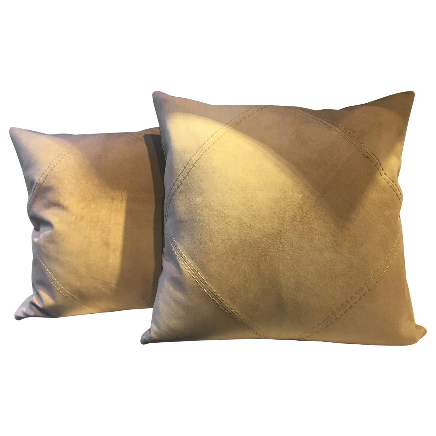 Pair of Suede Leather Cushions Color Sand Hand Saddle Stitched Rhombus Detail