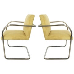 Pair of Suede Mies Van Der Rohe Tubular Brno Chairs by Knoll