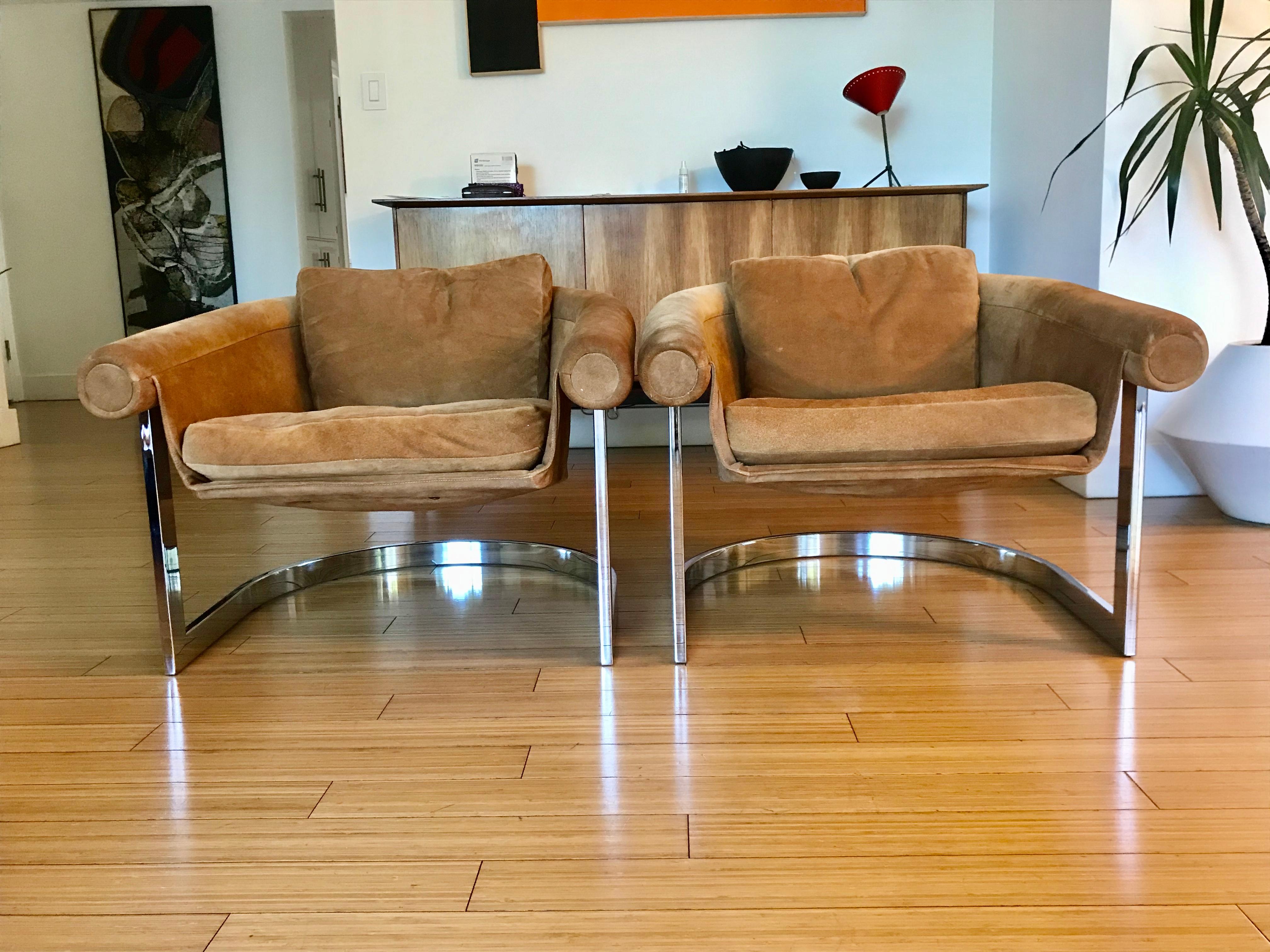 Pair of Suede Sling Lounge Chairs with Sheep Skin Covers In Good Condition In Los Angeles, CA