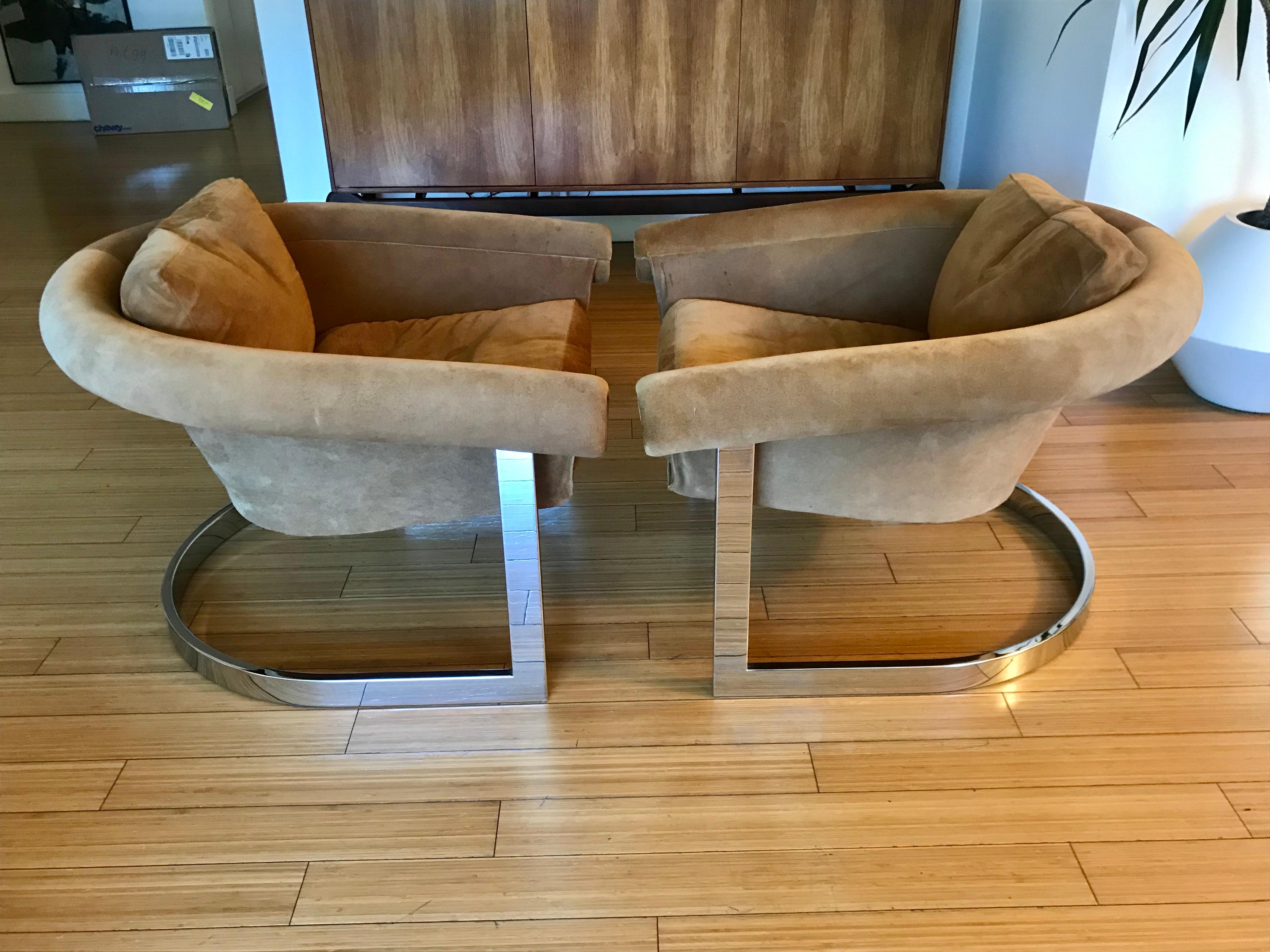 Pair of Suede Sling Lounge Chairs with Sheep Skin Covers 1
