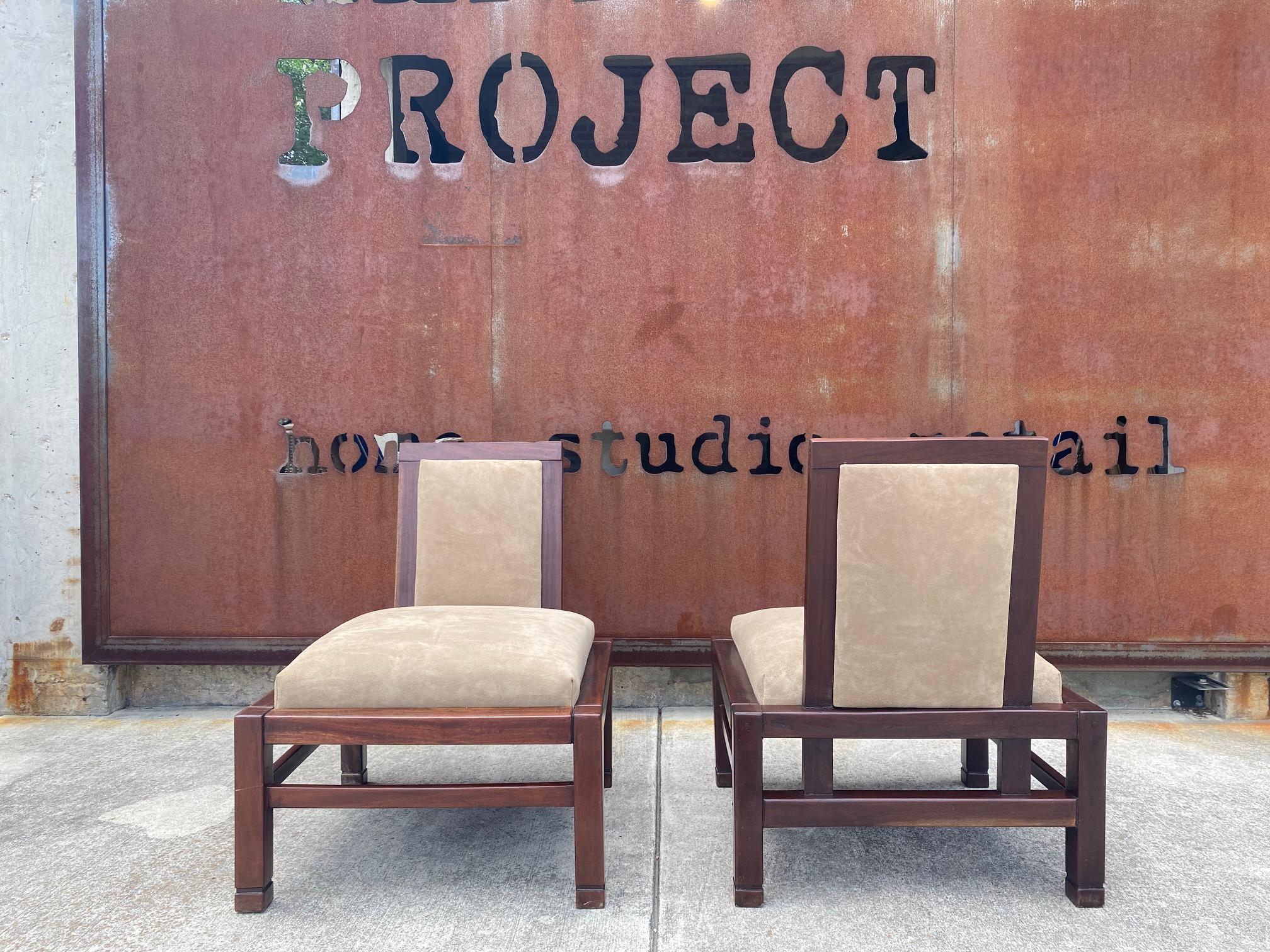 Pair of Suede Upholstered Slipper Chairs, France, 1950s For Sale 4