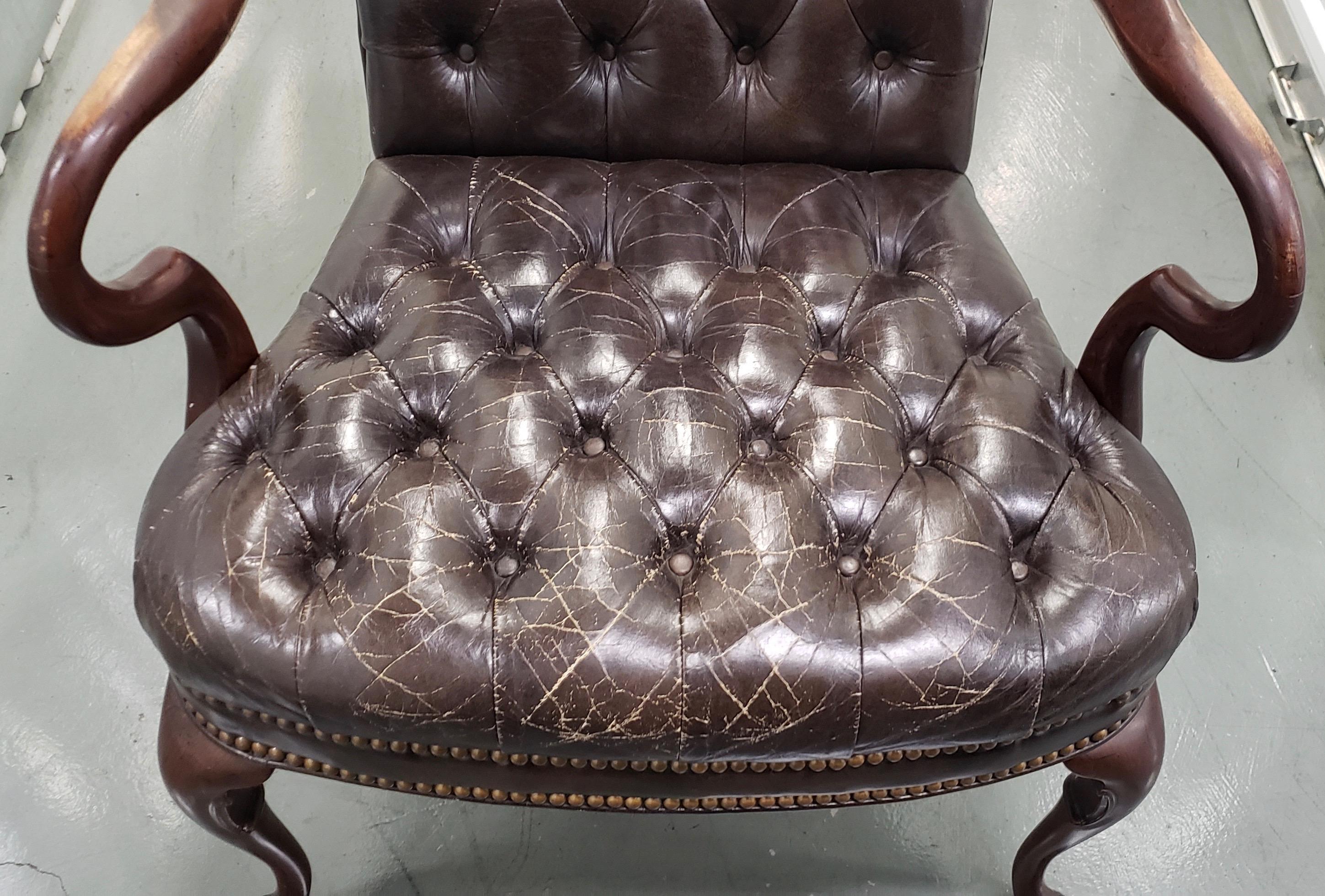 Pair of Chocolate Leather Button Down Side Chairs, circa 1970s 1