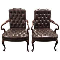 Pair of Chocolate Leather Button Down Side Chairs, circa 1970s