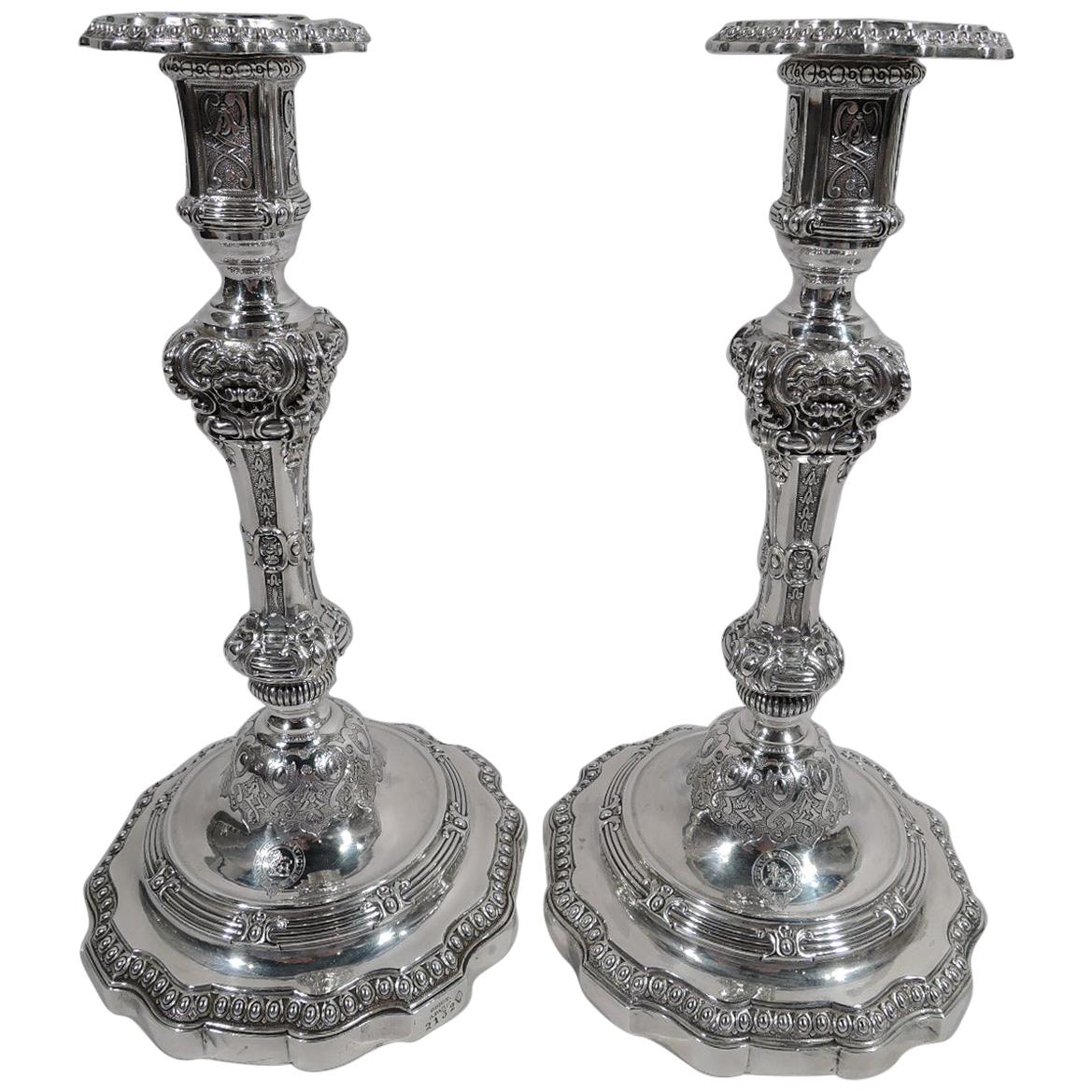 Pair of Sumptuous French Classical Silver Candlesticks by Odiot