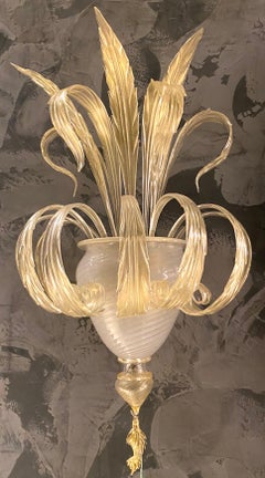Pair of Sumptuous Gold Murano Glass Leave Wall Sconces