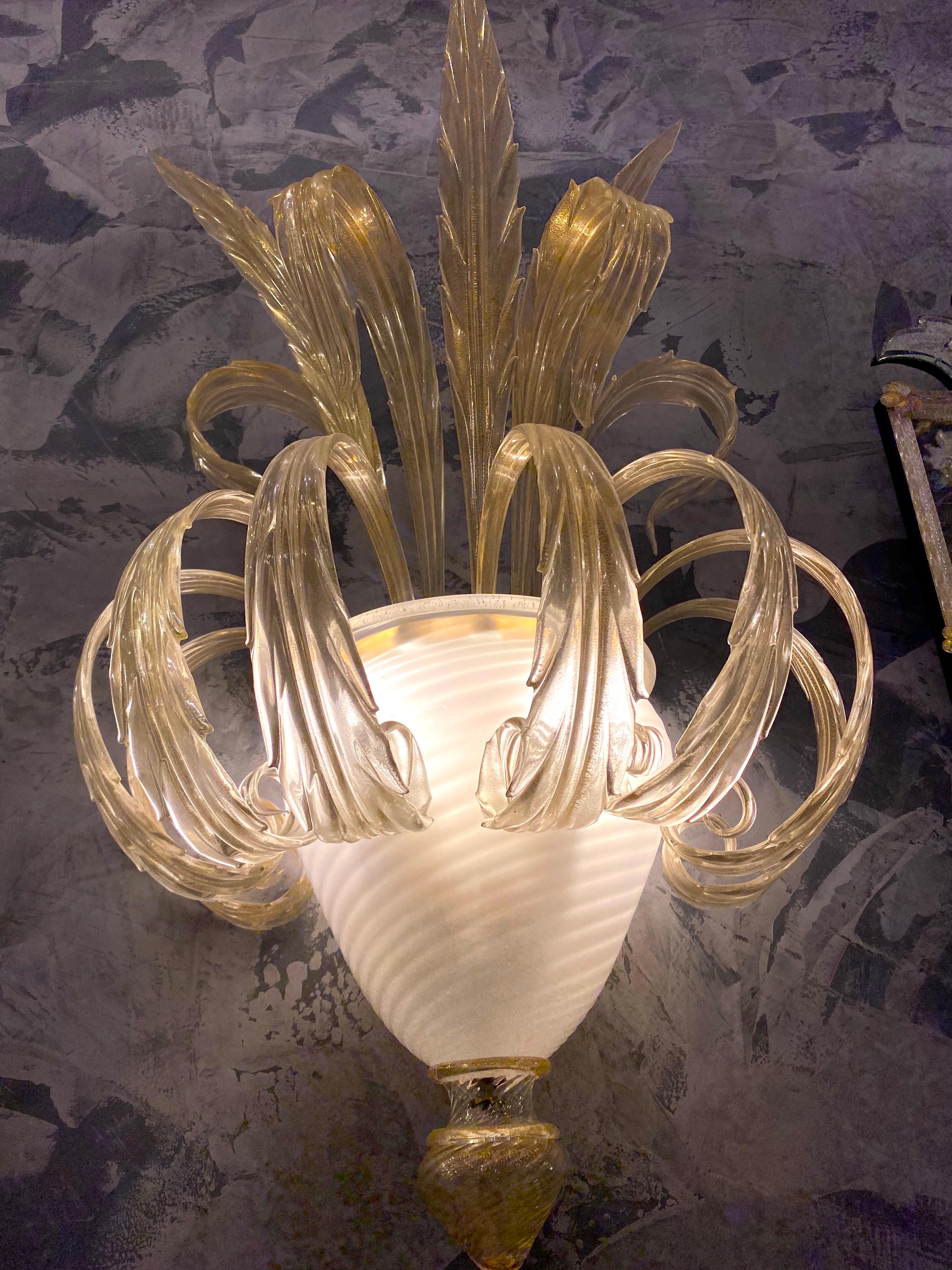 Italian Pair of Sumptuous Gold Murano Glass Leave Wall Sconces For Sale