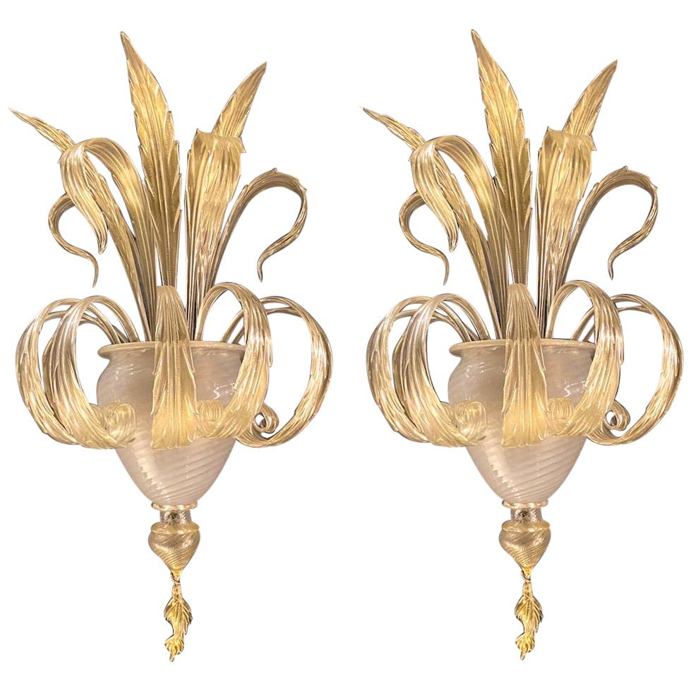 Pair of Sumptuous Gold Murano Glass Leave Wall Sconces For Sale