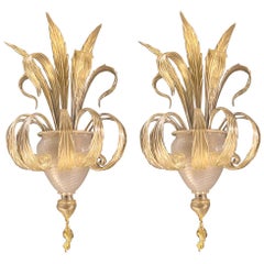 Pair of Sumptuous Gold Murano Glass Leave Wall Sconces