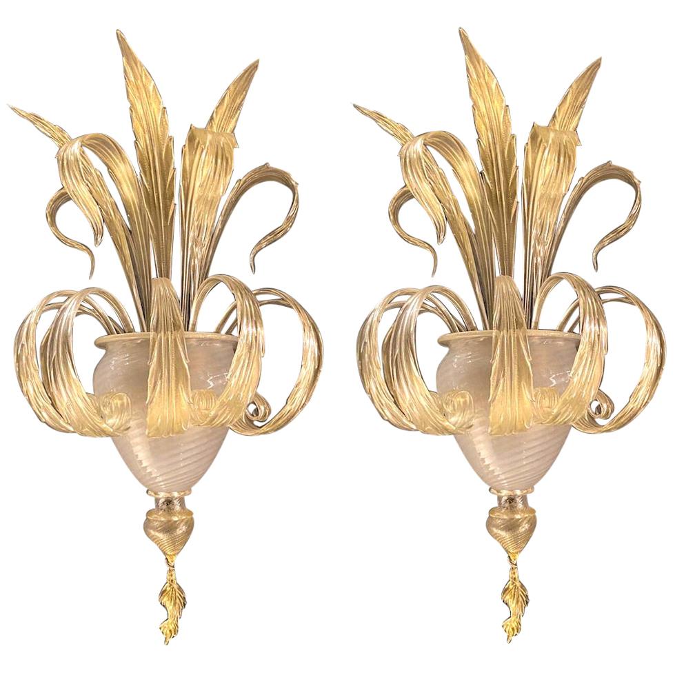 Pair of Sumptuous Gold Murano Glass Leave Wall Sconces For Sale