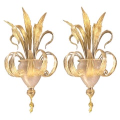 Pair of Sumptuous Gold Murano Glass Leave Wall Sconces