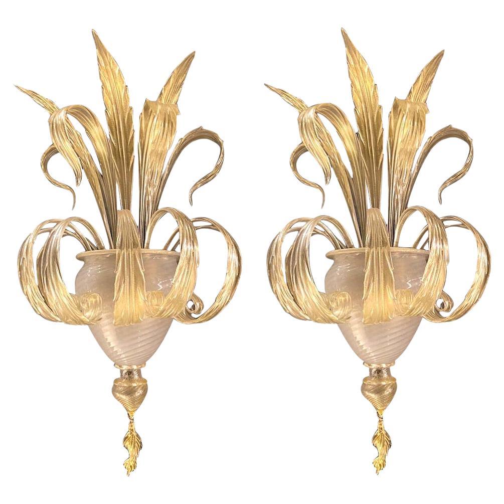 Pair of Sumptuous Gold Murano Glass Leave Wall Sconces For Sale