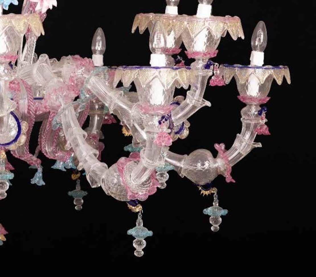 Pair of Sumptuous Pink and Heavenly Murano Glass Chandeliers, 1990s For Sale 2