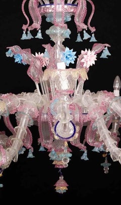 Pair of Sumptuous Pink and Heavenly Murano Glass Chandeliers, 1990s
