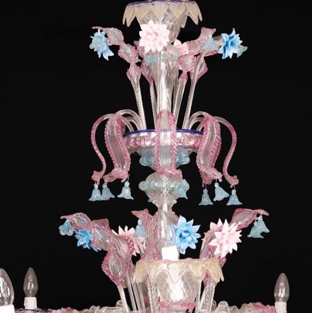 Pair of Sumptuous Pink and Heavenly Murano Glass Chandeliers, 1990s In Excellent Condition For Sale In Rome, IT