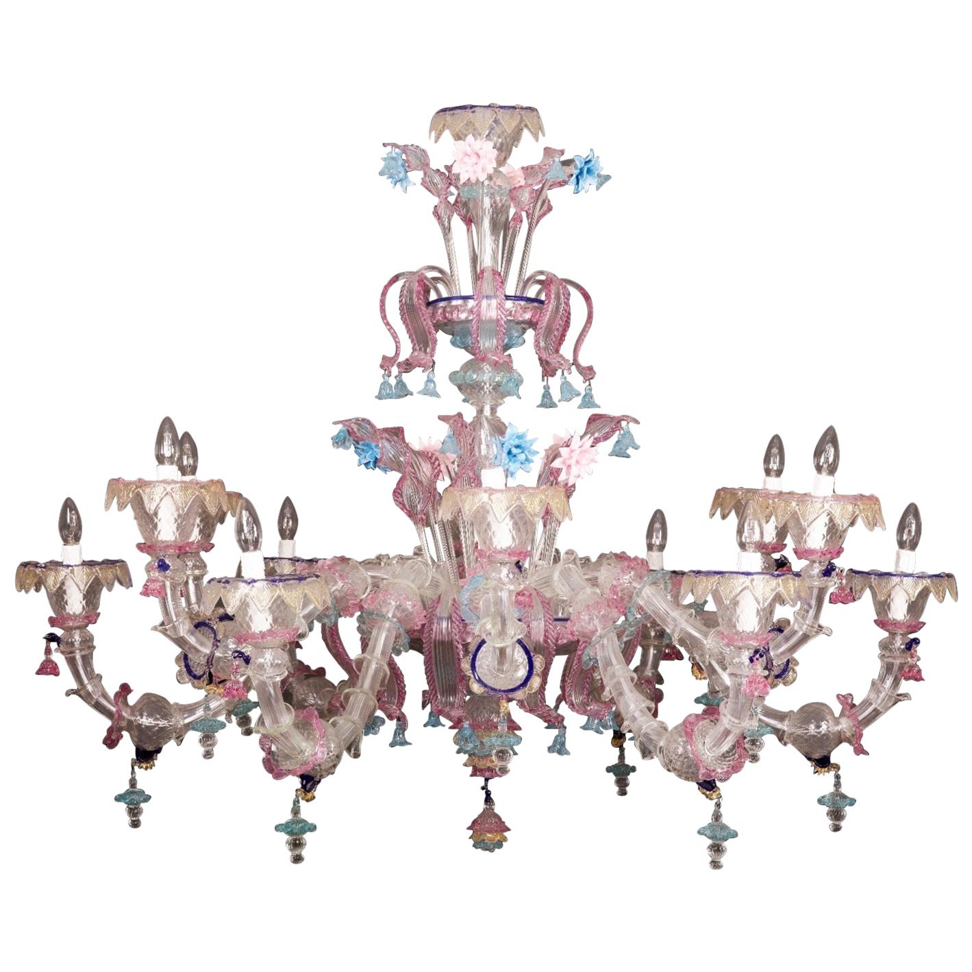 Pair of Sumptuous Pink and Heavenly Murano Glass Chandeliers, 1990s For Sale 1