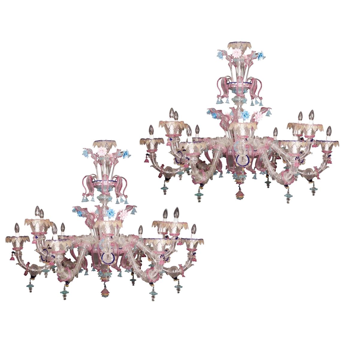 Pair of Sumptuous Pink and Heavenly Murano Glass Chandeliers, 1990s For Sale