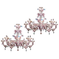 Pareja de suntuosas arañas de cristal de Murano rosa y celeste, años 90