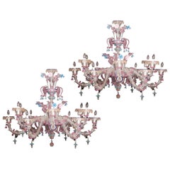 Vintage Pair of Sumptuous Pink and Heavenly Murano Glass Chandeliers, 1990s