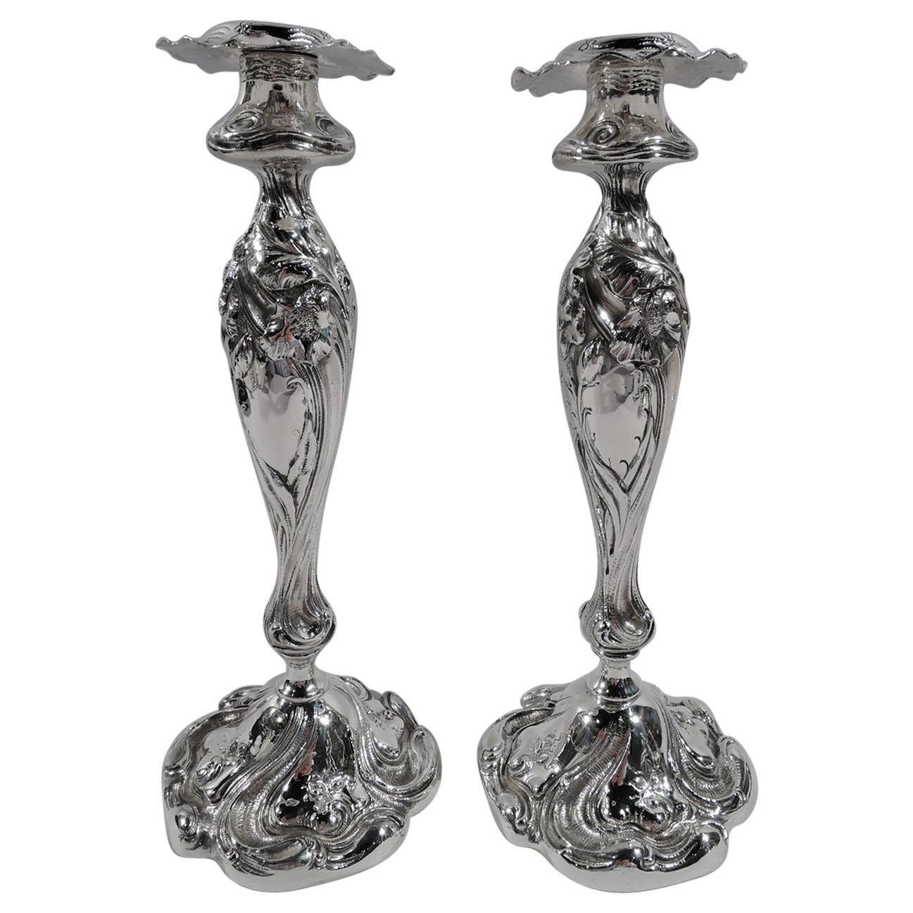 Pair of Sumptuous Shiebler Art Nouveau Sterling Silver Candlesticks