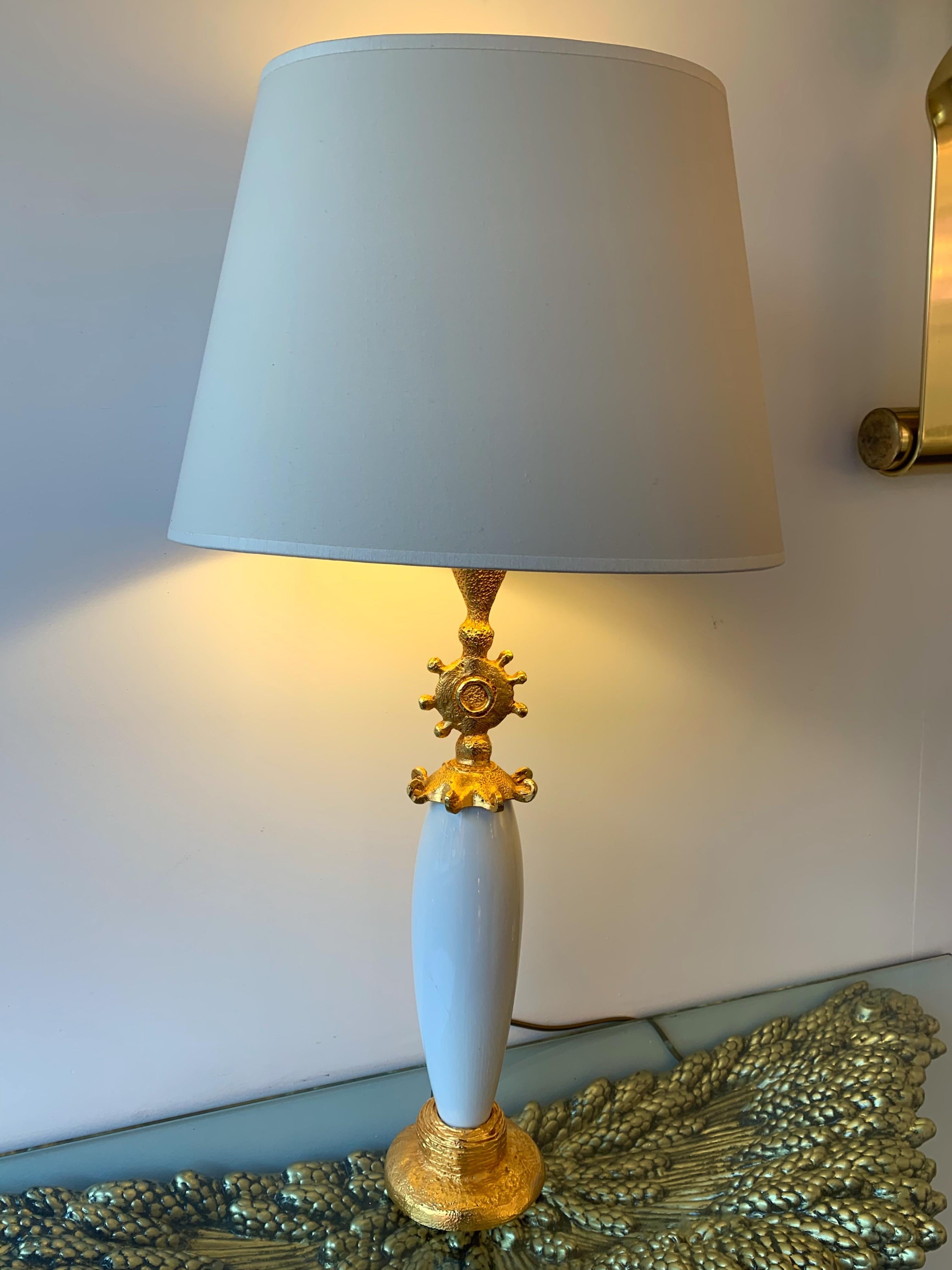 Mid-Century Modern Pair of Sun Lamps Ceramic Gilt Metal by Pierre Casenove for Fondica For Sale