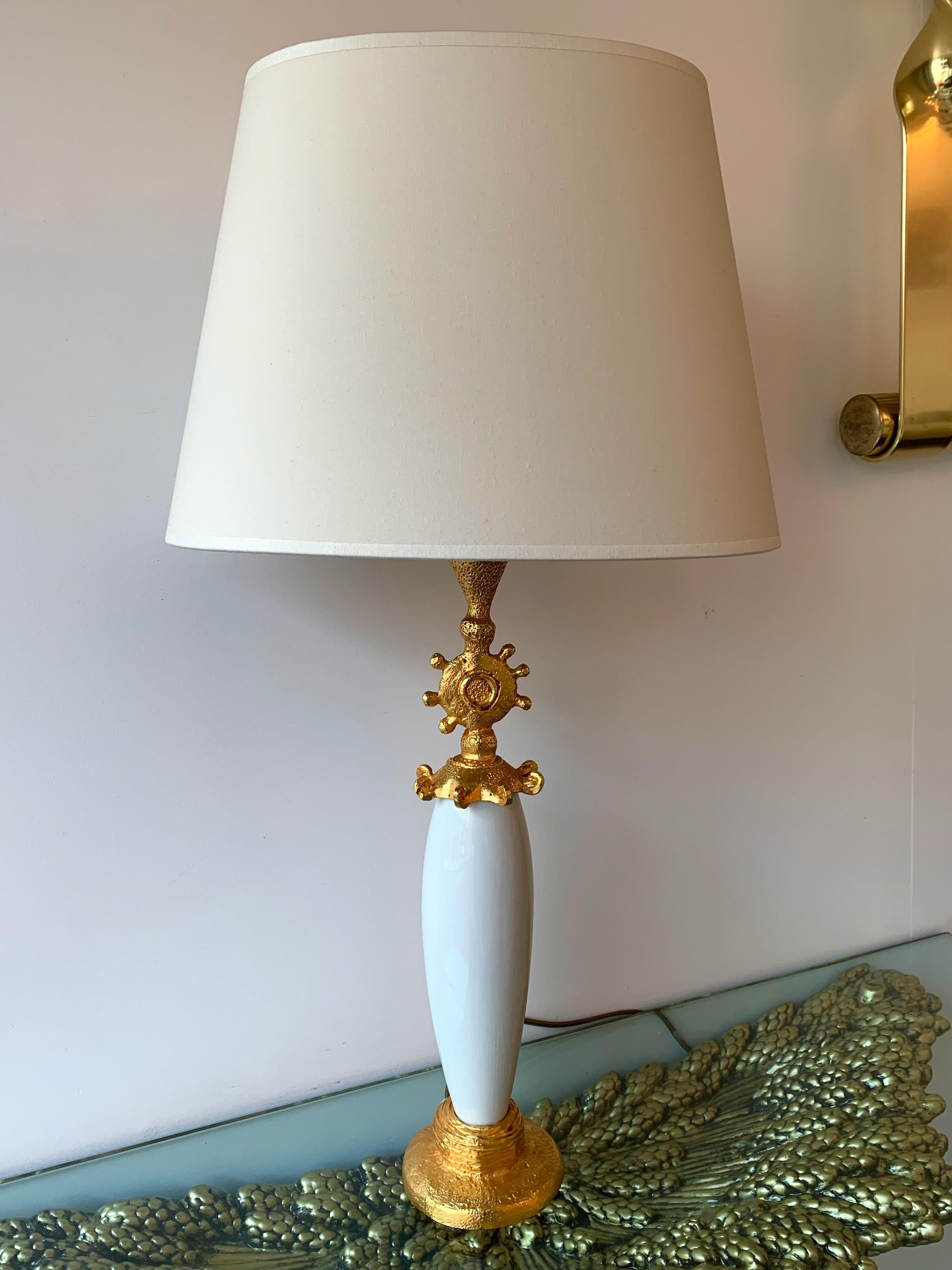 Late 20th Century Pair of Sun Lamps Ceramic Gilt Metal by Pierre Casenove for Fondica For Sale