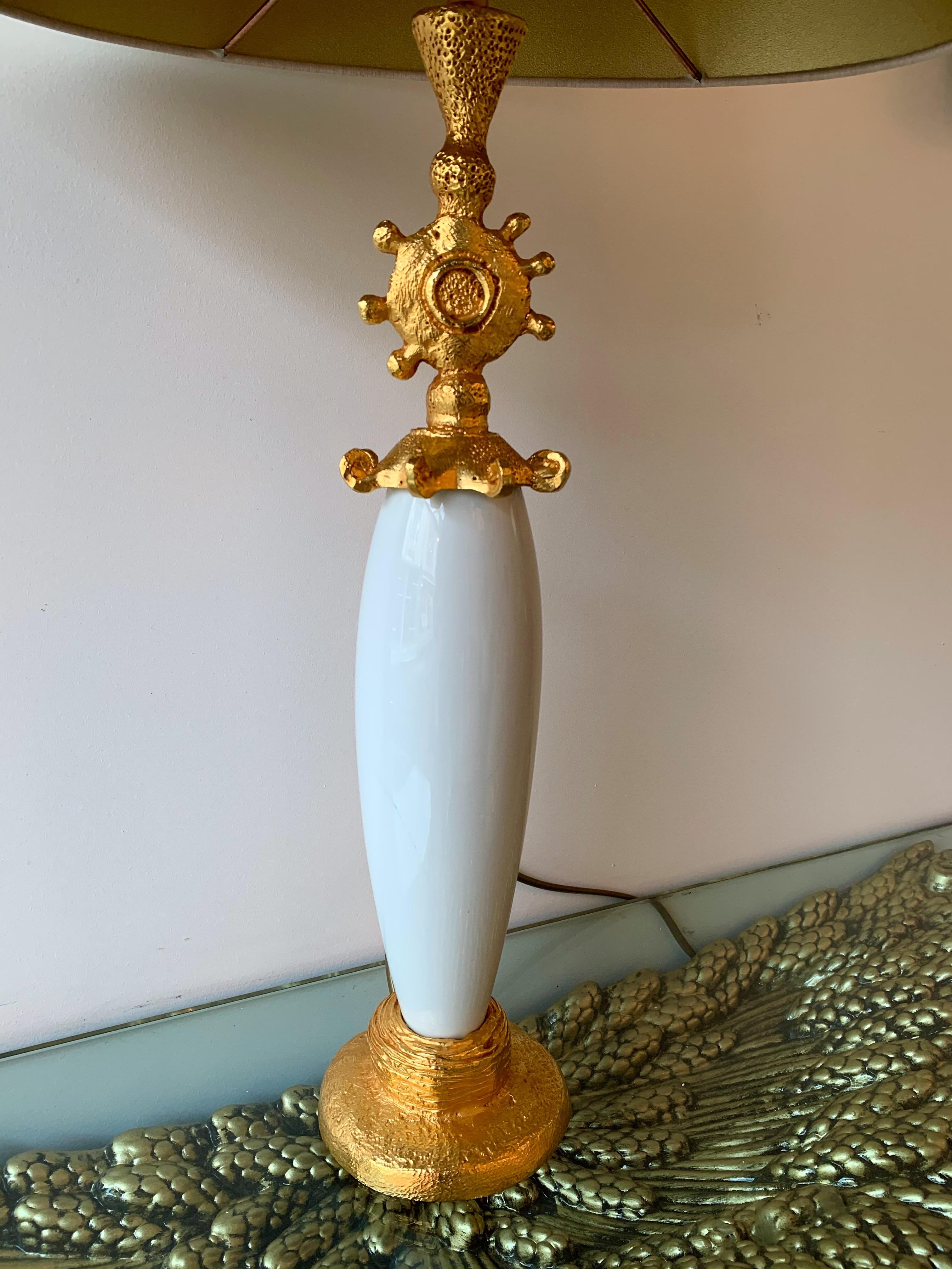 Céramique Paire de lampes de soleil en céramique et métal doré de Pierre Casenove pour Fondica