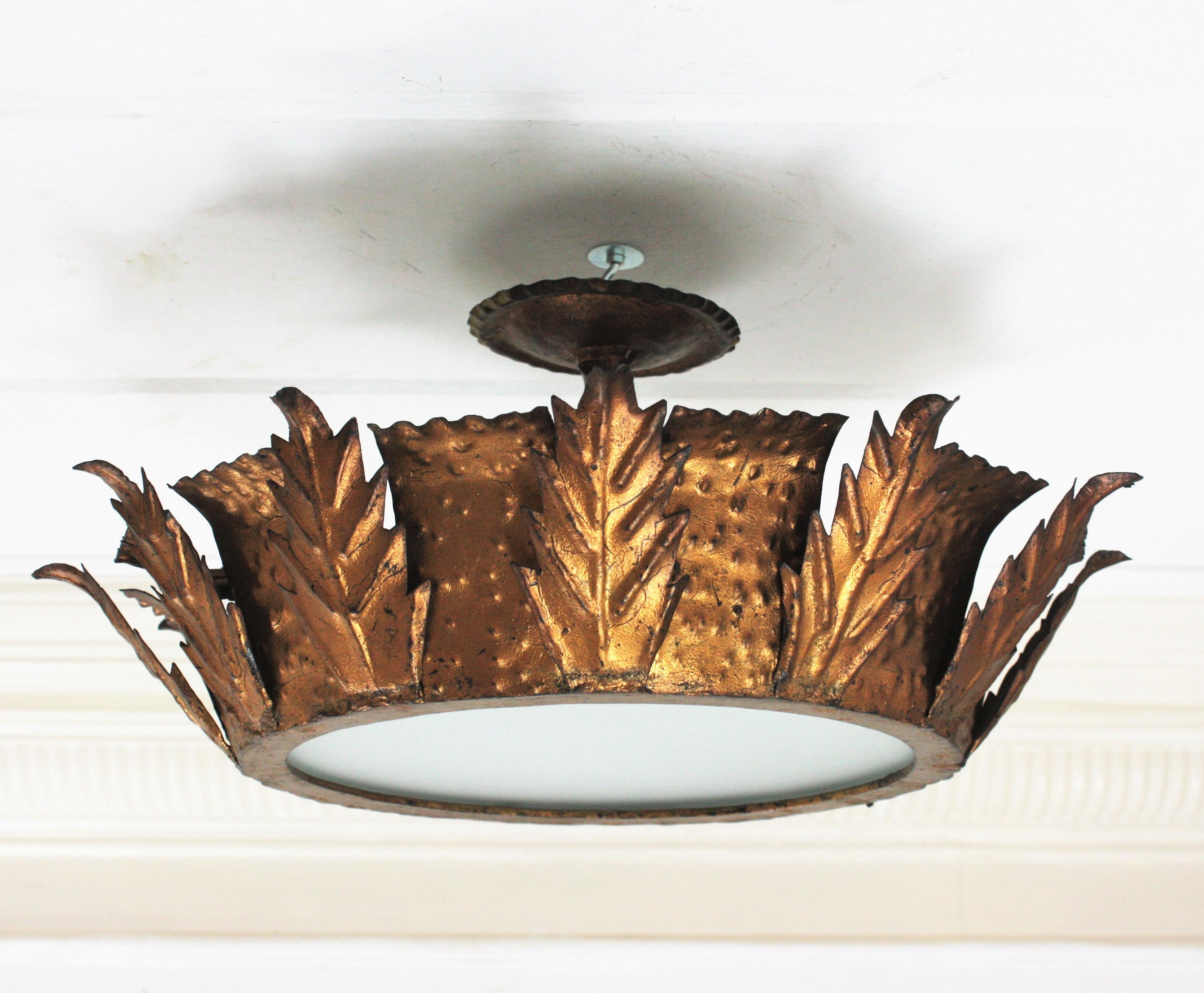 Pair of Spanish Sunburst Crown Light Fixtures in Gilt Iron, 1950s For Sale 6