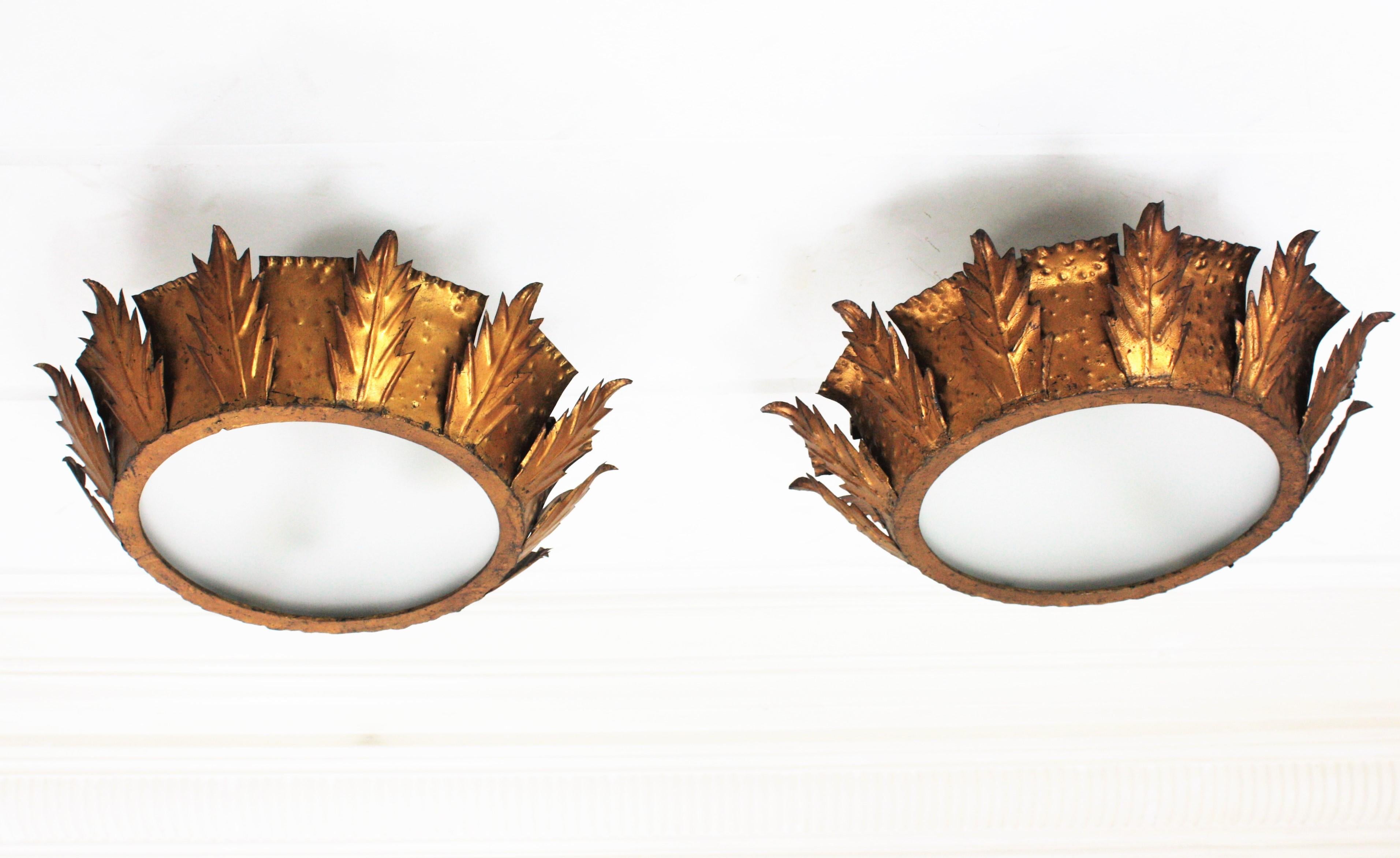 Pair of Spanish Sunburst Crown Light Fixtures in Gilt Iron, 1950s For Sale 8