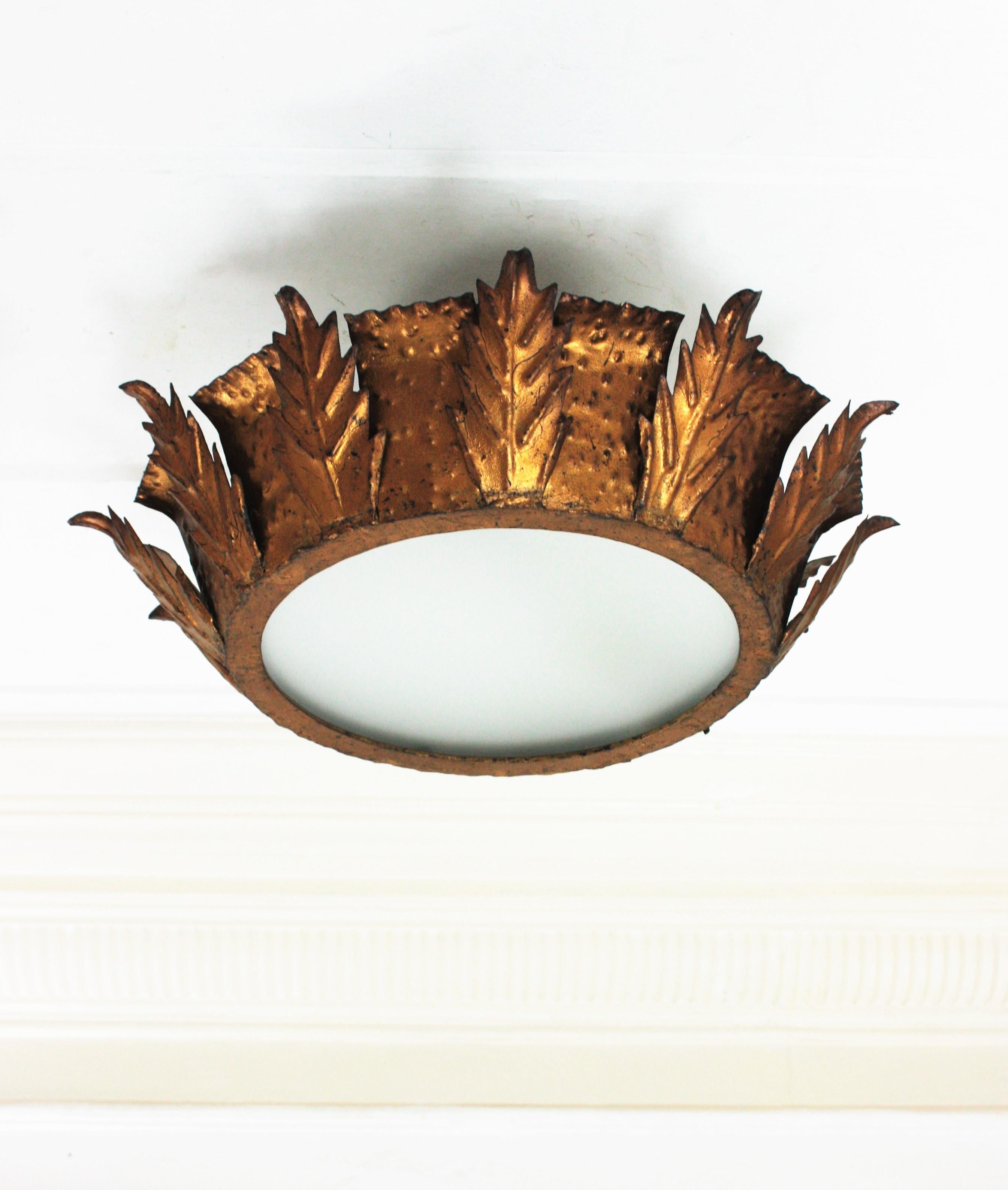 Pair of Spanish Sunburst Crown Light Fixtures in Gilt Iron, 1950s In Good Condition For Sale In Barcelona, ES