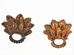 Pair of Sunburst Crown Ceiling Light Fixtures in Gilt Iron