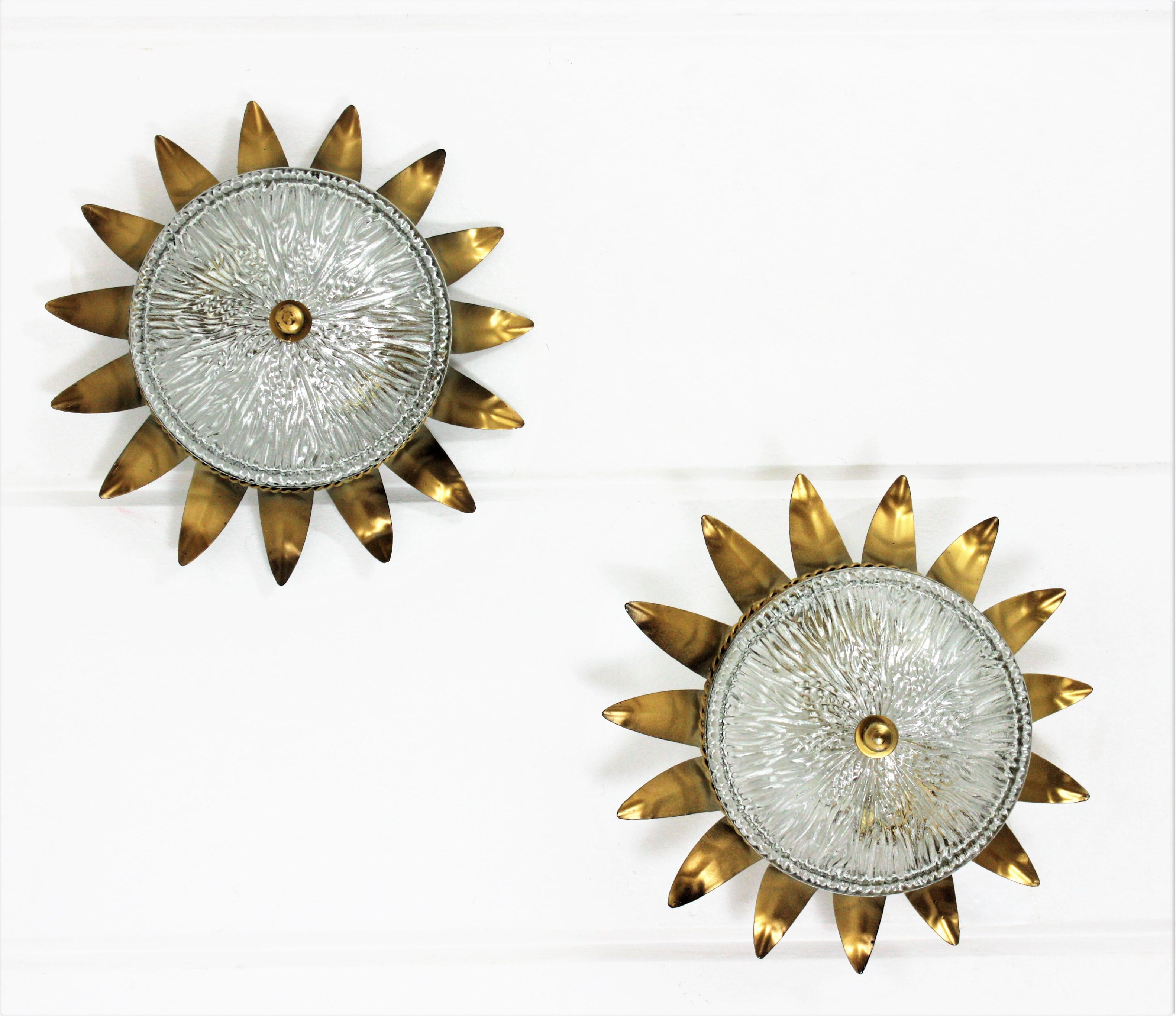 Pair of Sunburst Crown Flush Mounts in Gilt Metal and Glass 8