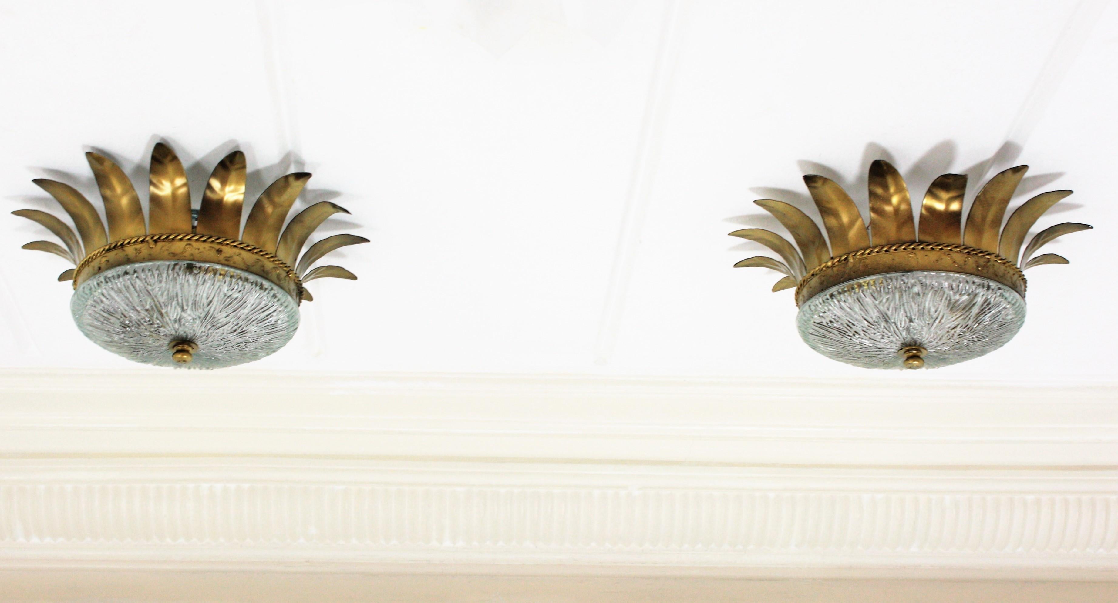 Neoclassical Pair of Sunburst Crown Flush Mounts in Gilt Metal and Glass
