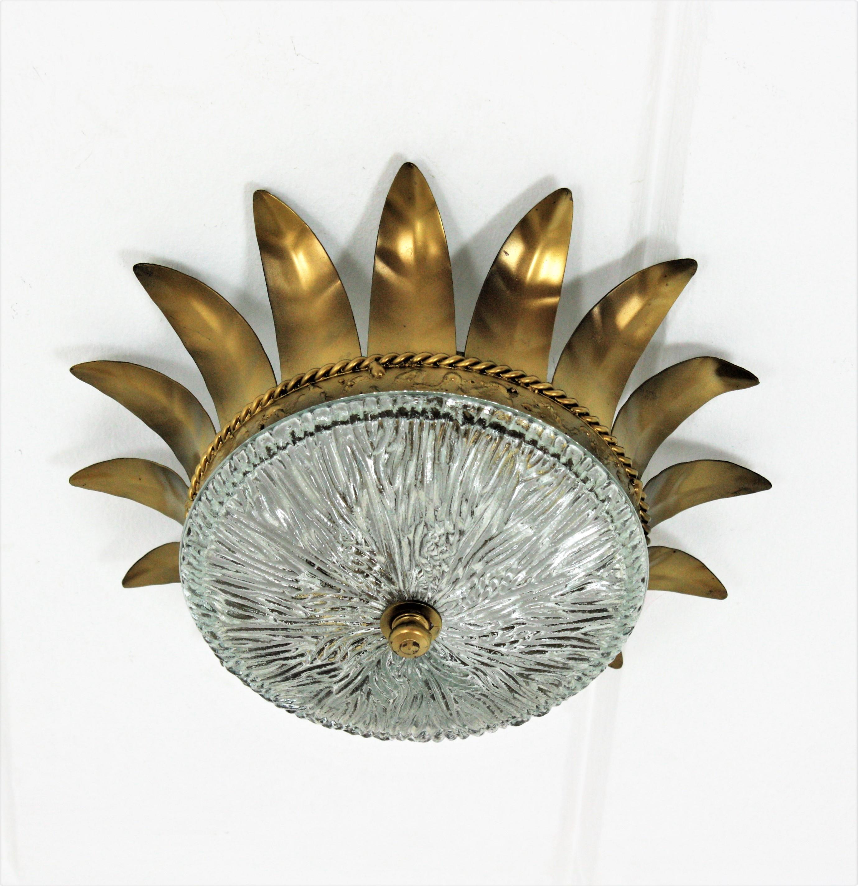 Spanish Pair of Sunburst Crown Flush Mounts in Gilt Metal and Glass