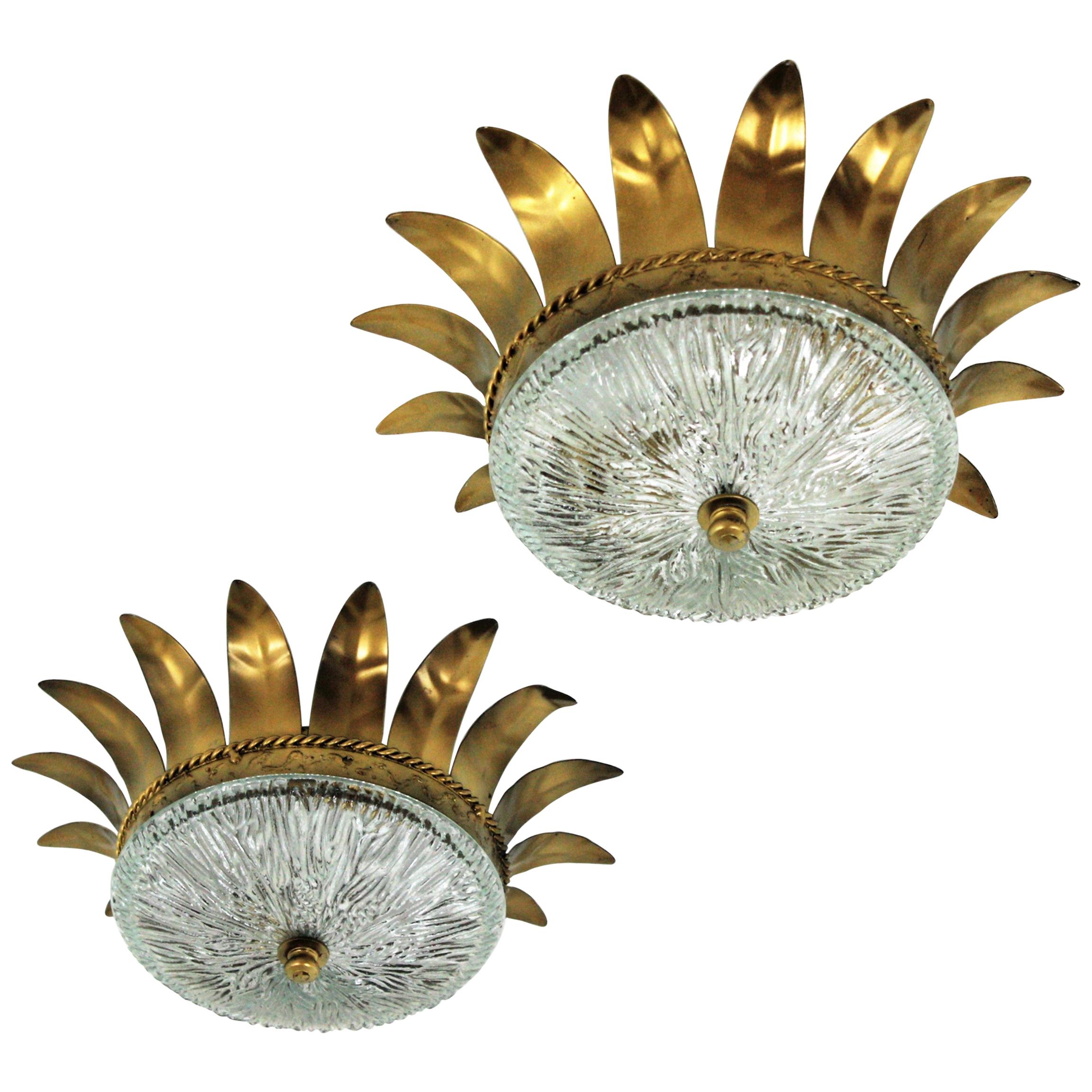 Pair of Sunburst Crown Flush Mounts in Gilt Metal and Glass