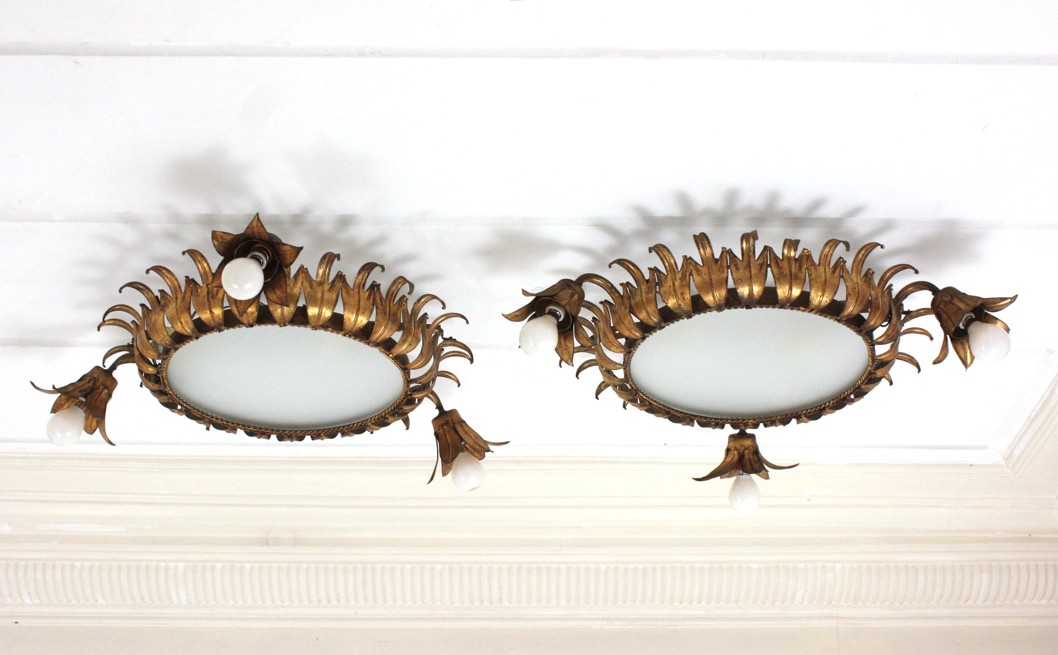 Unique Pair of Sunburst Crown Foliage Flush Mounts with three flowers, Gilt Iron. Spain, 1950s
These handcrafted crown sunburst ceiling lamps feature a crown shaped flush mount with frosted glass difusser. The sunburst crown light body is surrounded