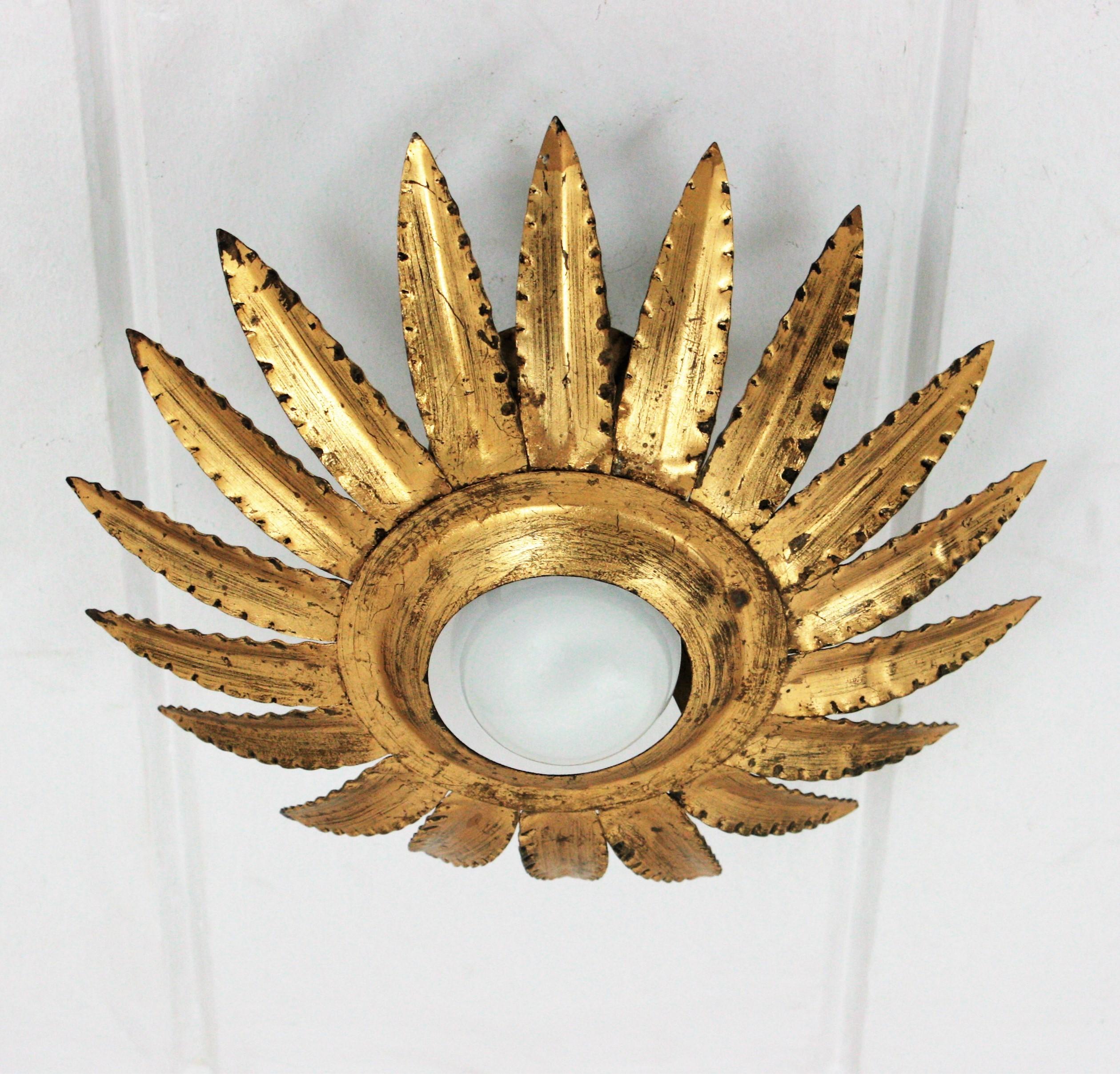 Paar Sonnenschliff-Blumenleuchten oder Hängelampen aus vergoldetem Metall im Angebot 4