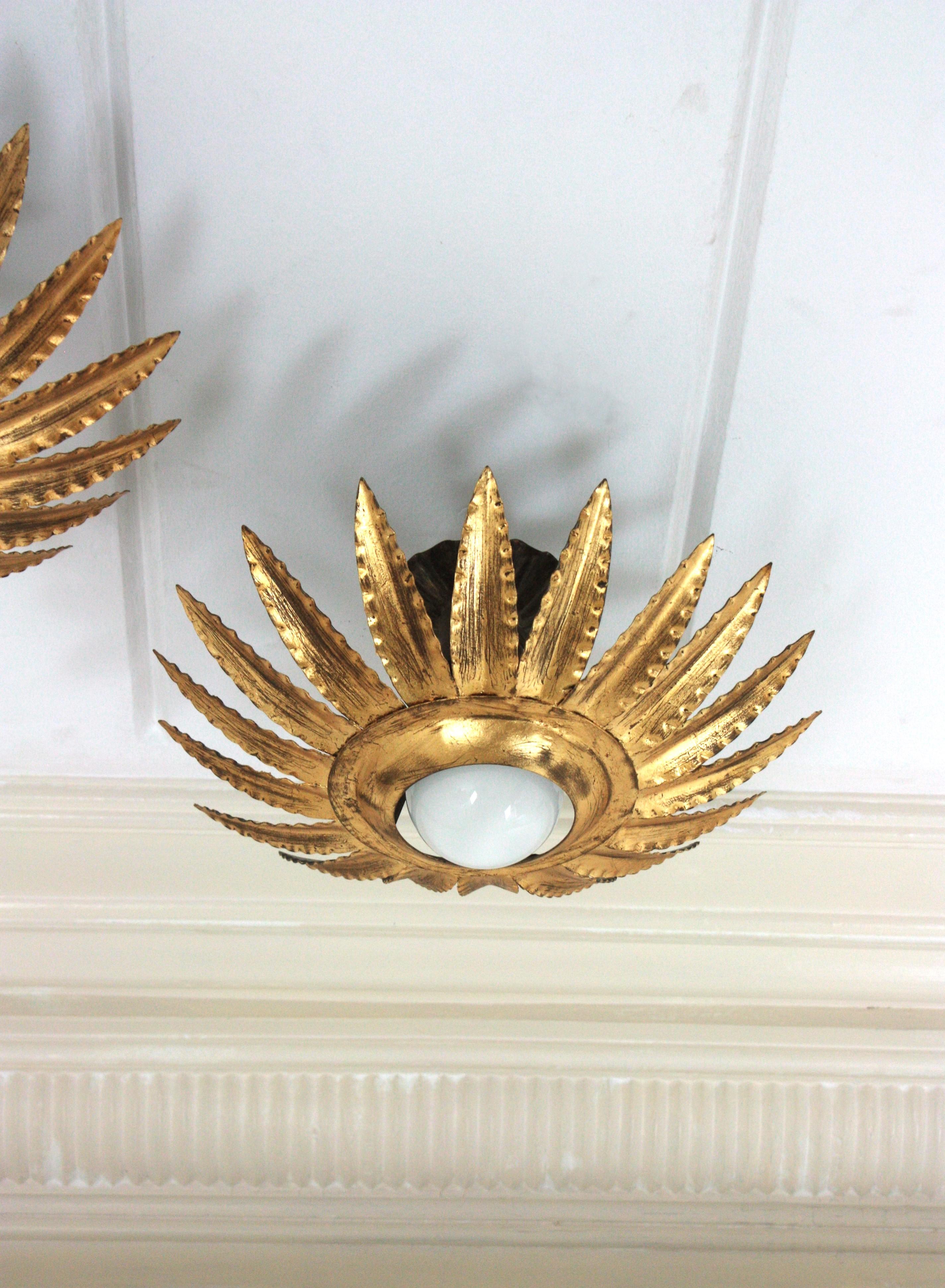Paire de luminaires ou pendentifs à fleurs Sunburst en métal doré en vente 2