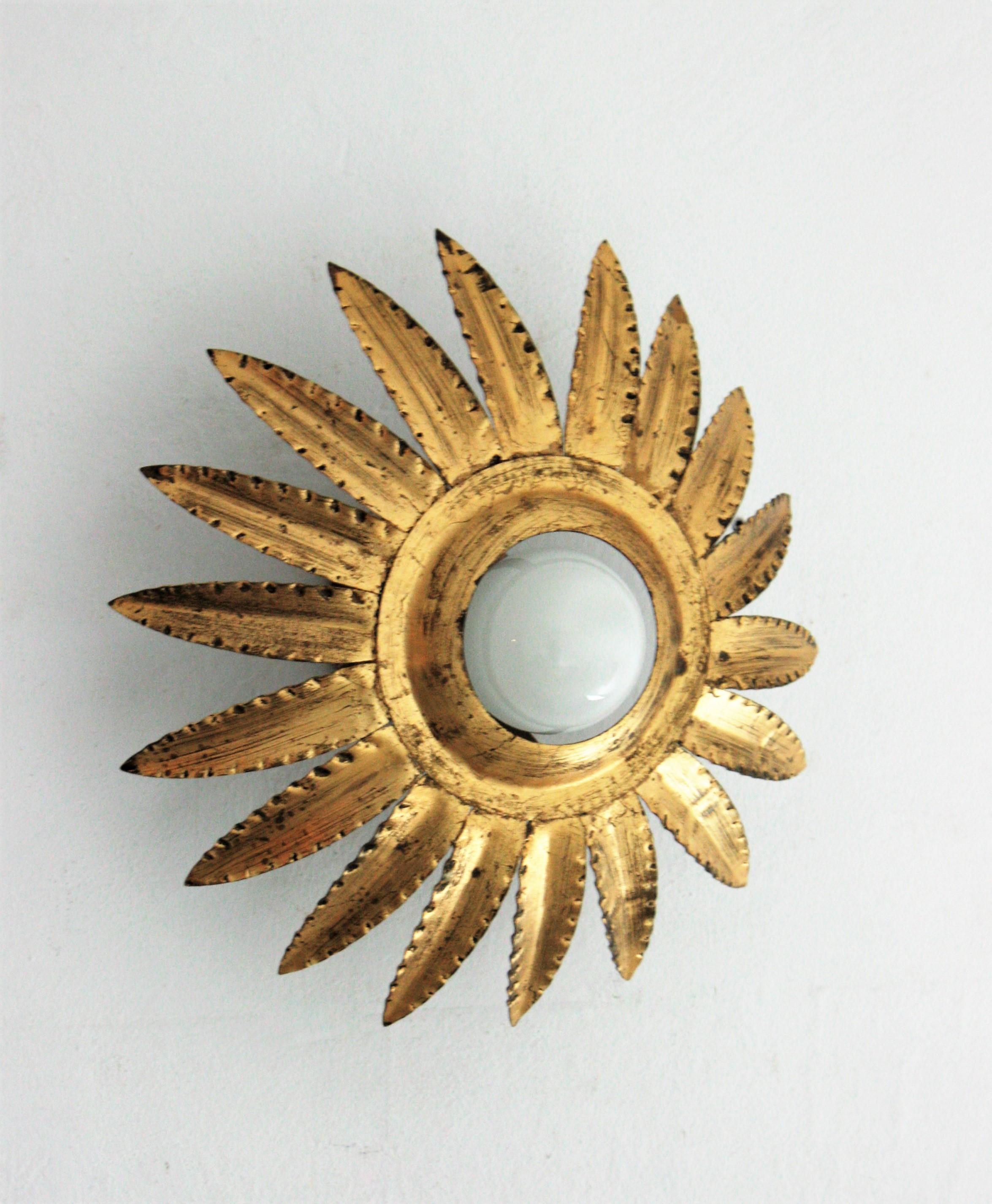 Paar Sonnenschliff-Blumenleuchten oder Hängelampen aus vergoldetem Metall im Angebot 6