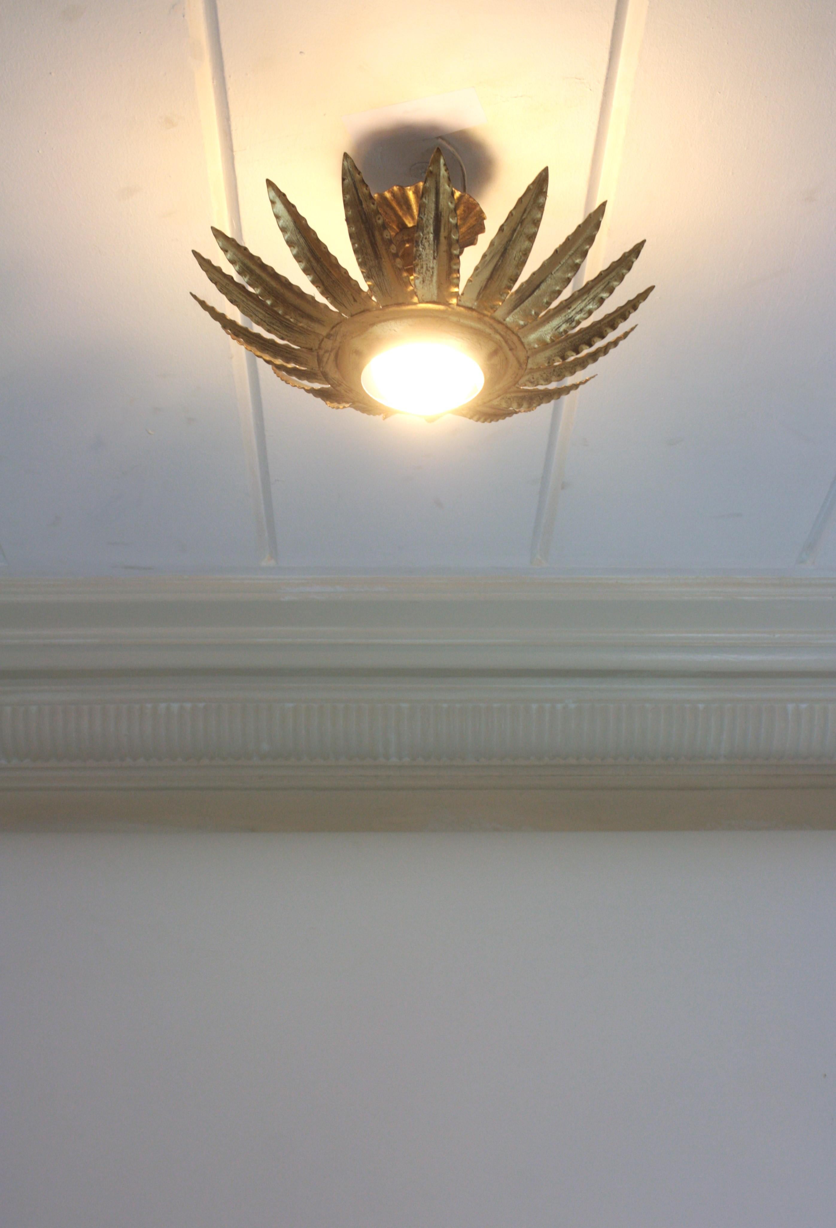 Paire de luminaires ou pendentifs à fleurs Sunburst en métal doré en vente 4