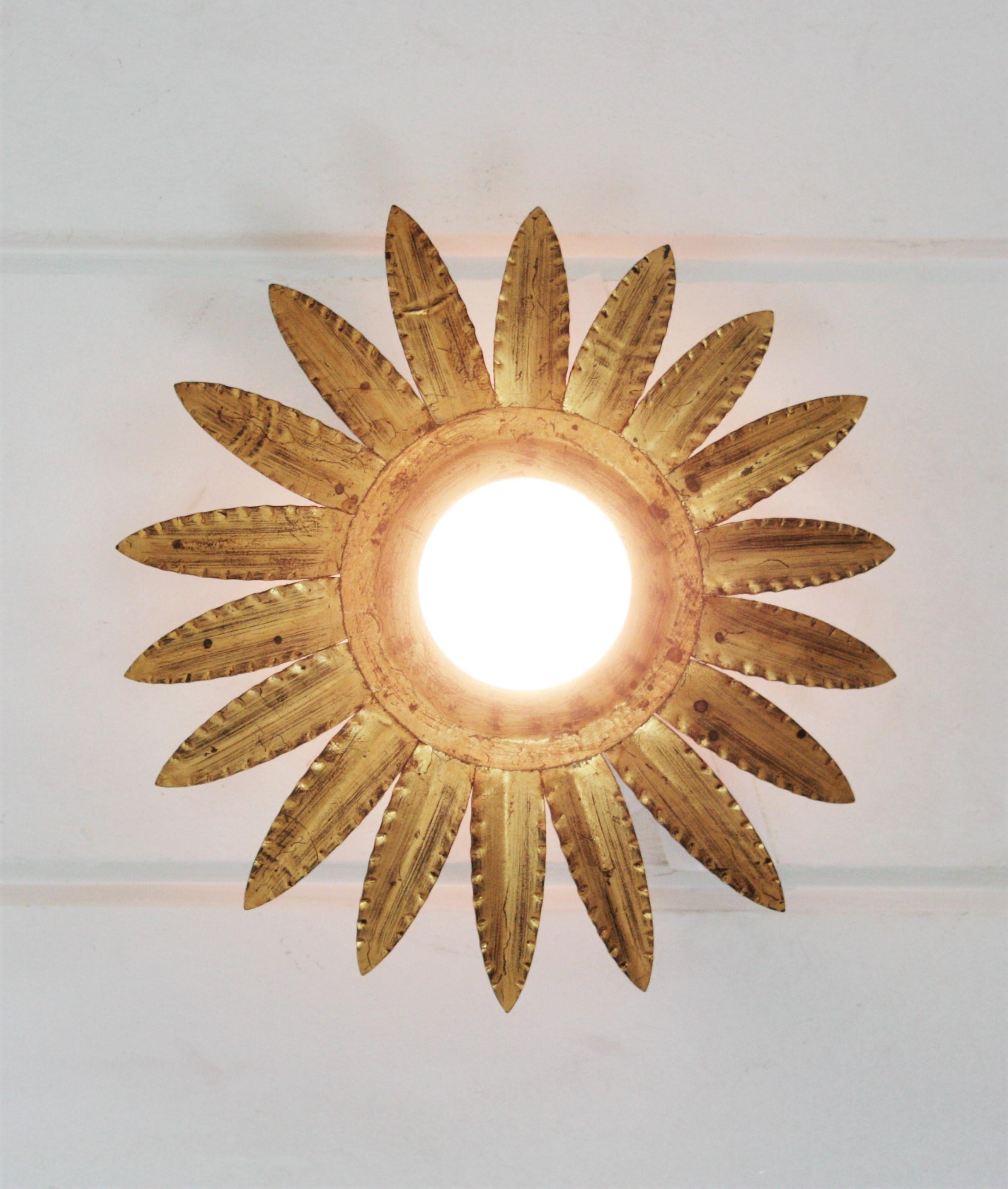 Pair of Sunburst Flower Light Fixtures or Pendants in Gilt Metal For Sale 8