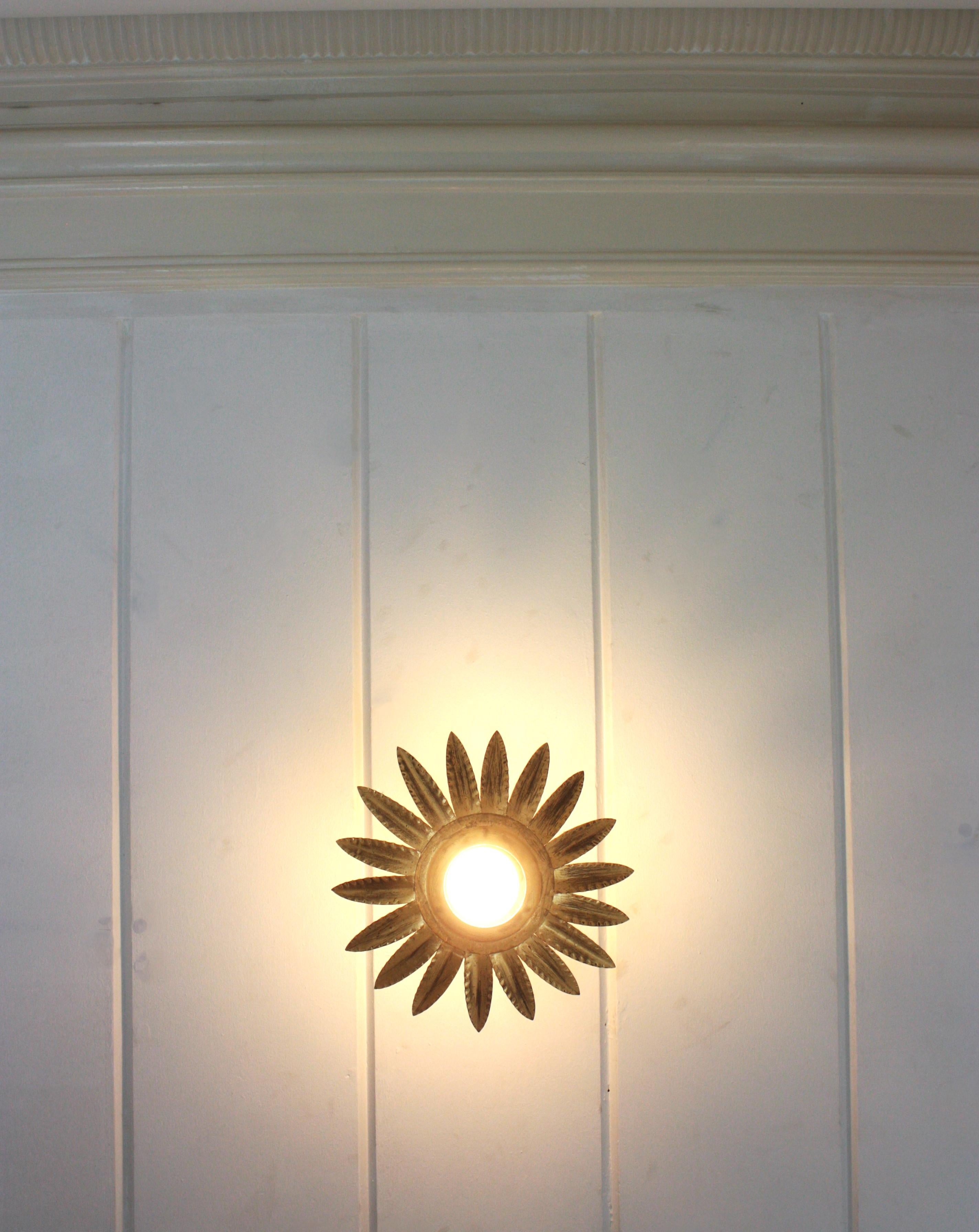 Paire de luminaires ou pendentifs à fleurs Sunburst en métal doré en vente 6