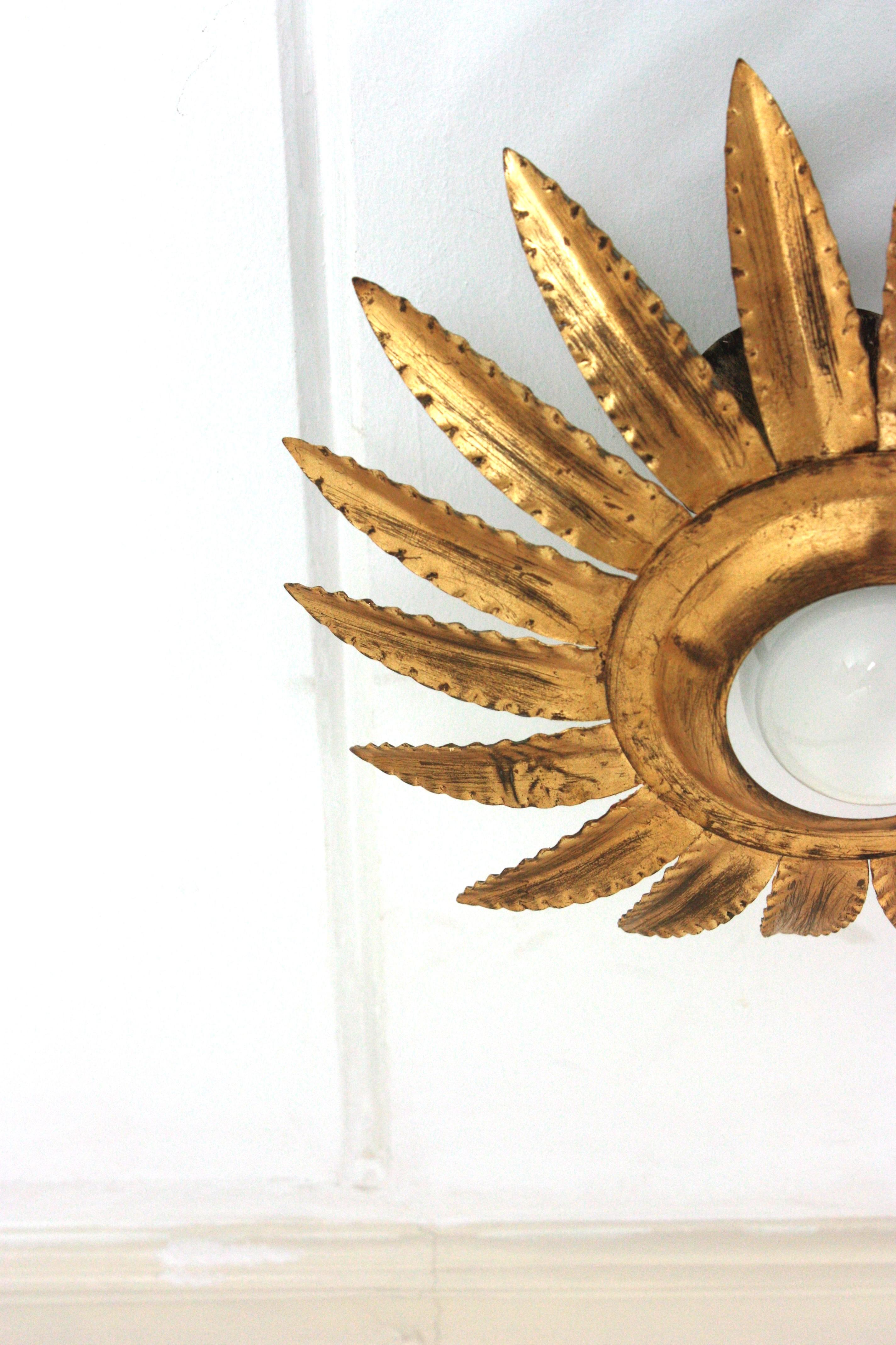 Paire de luminaires ou pendentifs à fleurs Sunburst en métal doré en vente 7