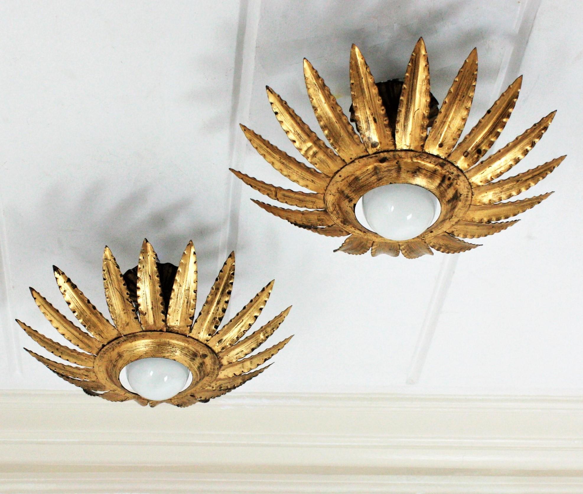 Pair of gilt wrought iron sunburst or flower shaped ceiling light fixtures, wall sconces or pendants, Spain, 1960s.
They have sunburst or flower shaped frames surrounding a central exposed bulb. Finished in gold leaf gilding with a terrific aged