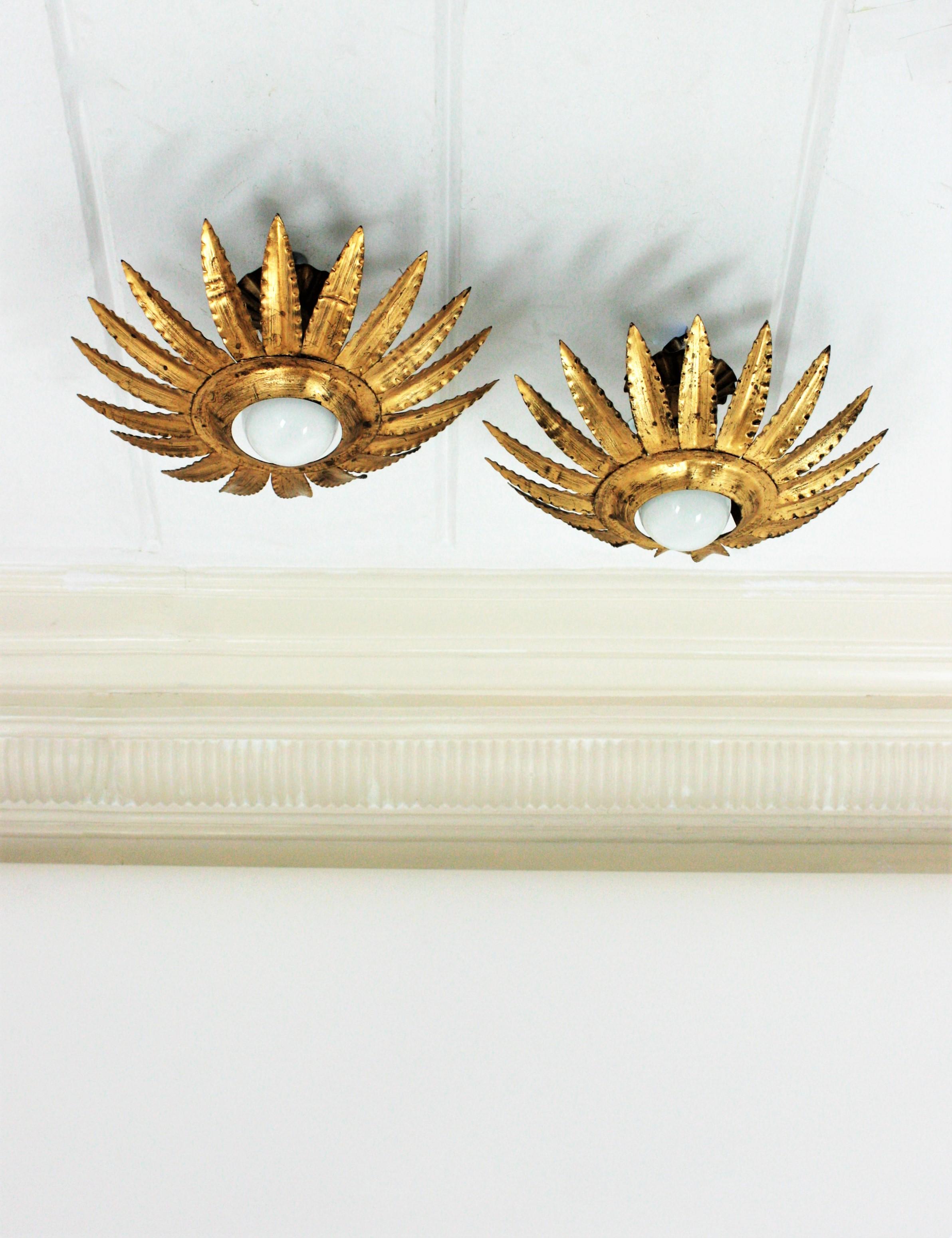 Mid-Century Modern Pair of Sunburst Flower Light Fixtures or Pendants in Gilt Metal For Sale