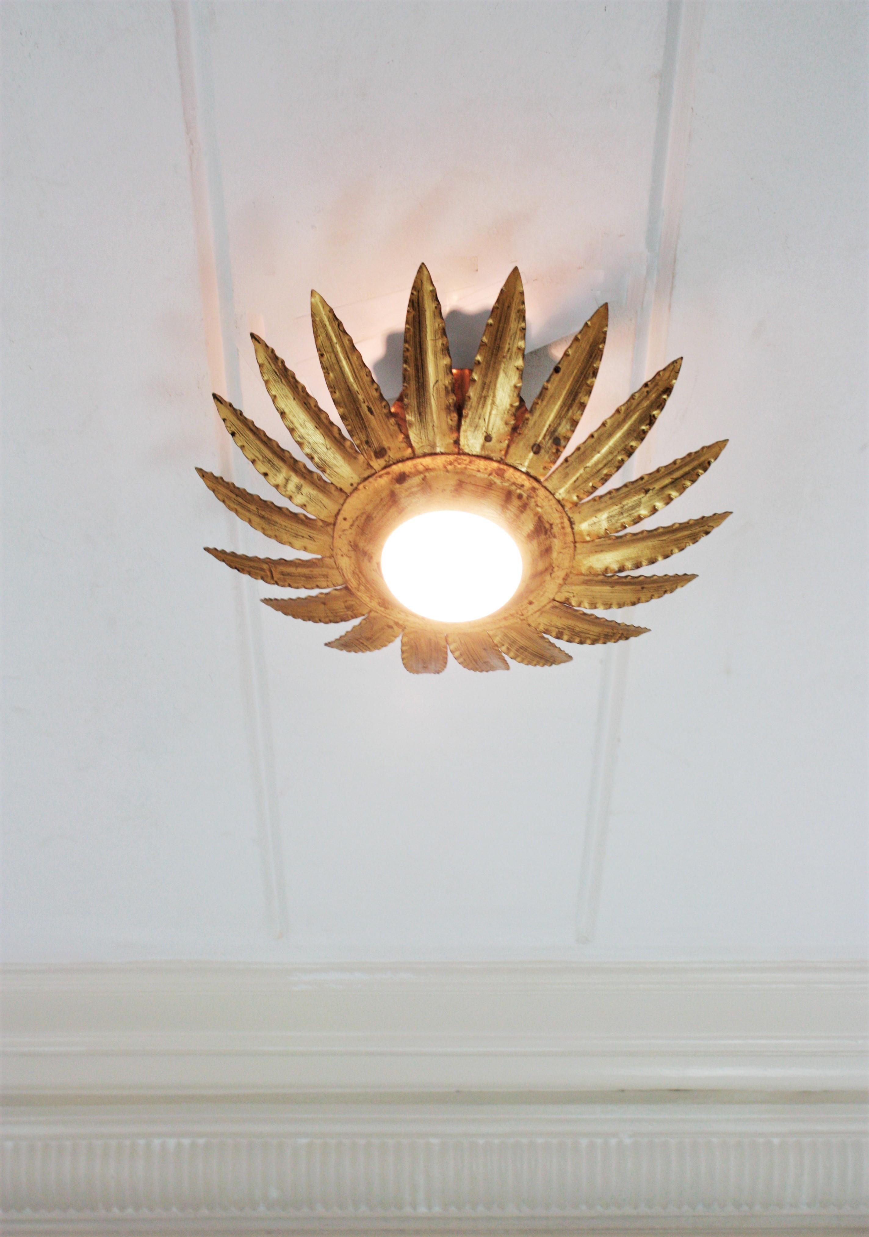 Pair of Sunburst Flower Light Fixtures or Pendants in Gilt Metal In Good Condition For Sale In Barcelona, ES